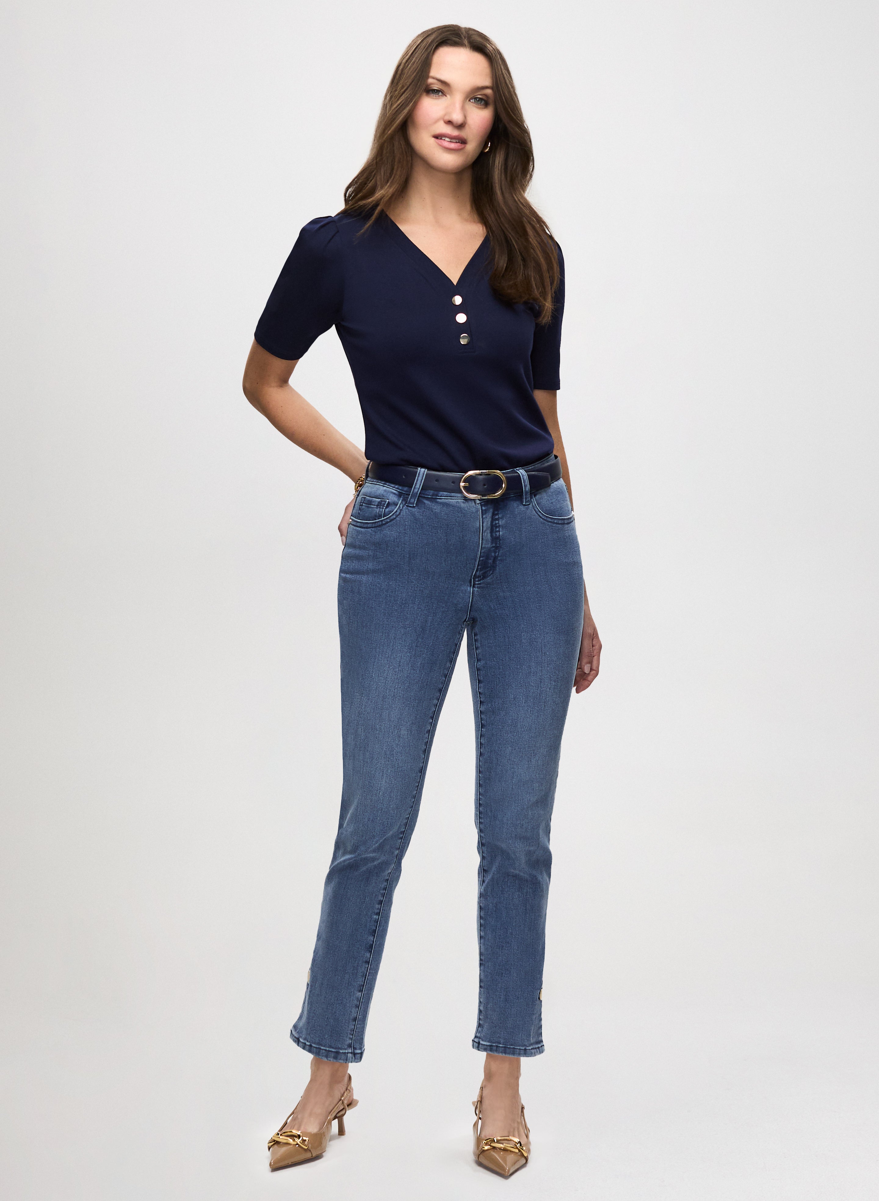 Women's Elbow Sleeve Tops & High Waist Jeans Set - Casual Outfit for Summer, Fall, Work & Weekend Wear
