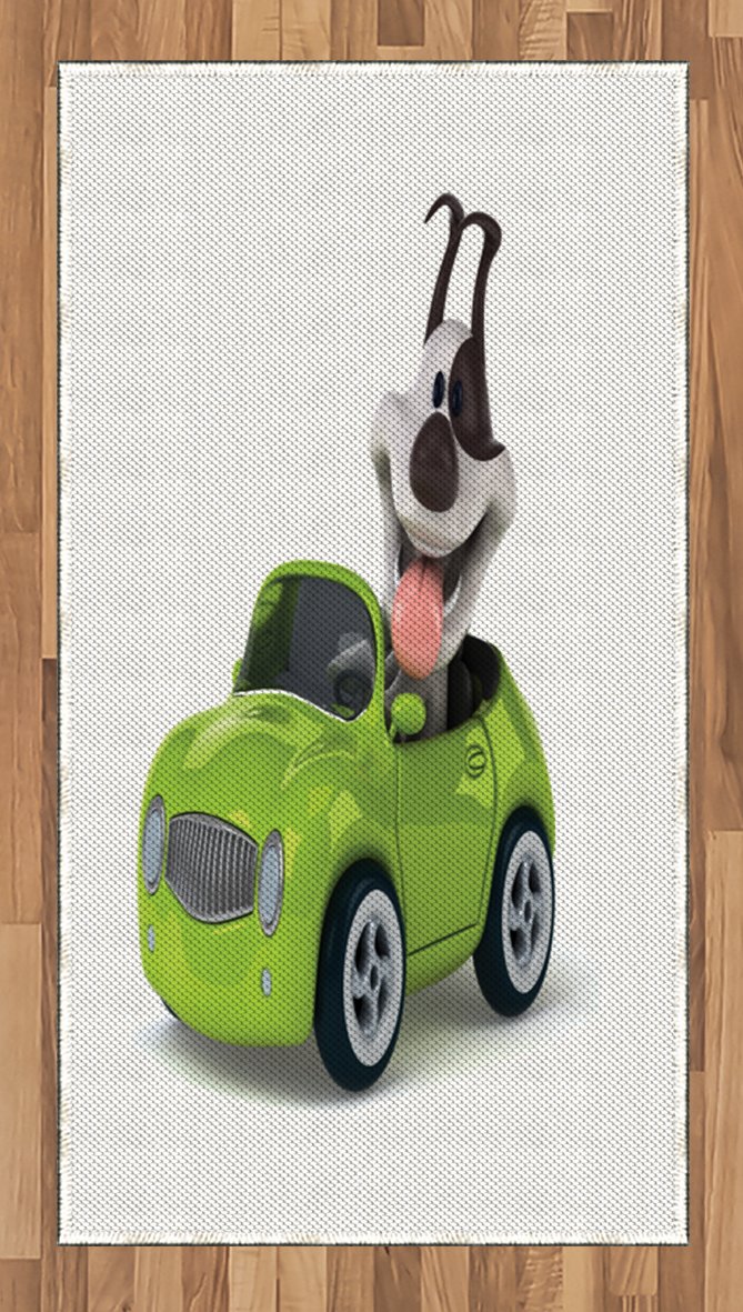 Ambesonne Dog Driver Area Rug - Fun Dog in Sports Car Speed Auto Traffic Design, Non-Slip Flat Woven Accent Rug for Living Room, Bedroom, Dining Room - 2'6