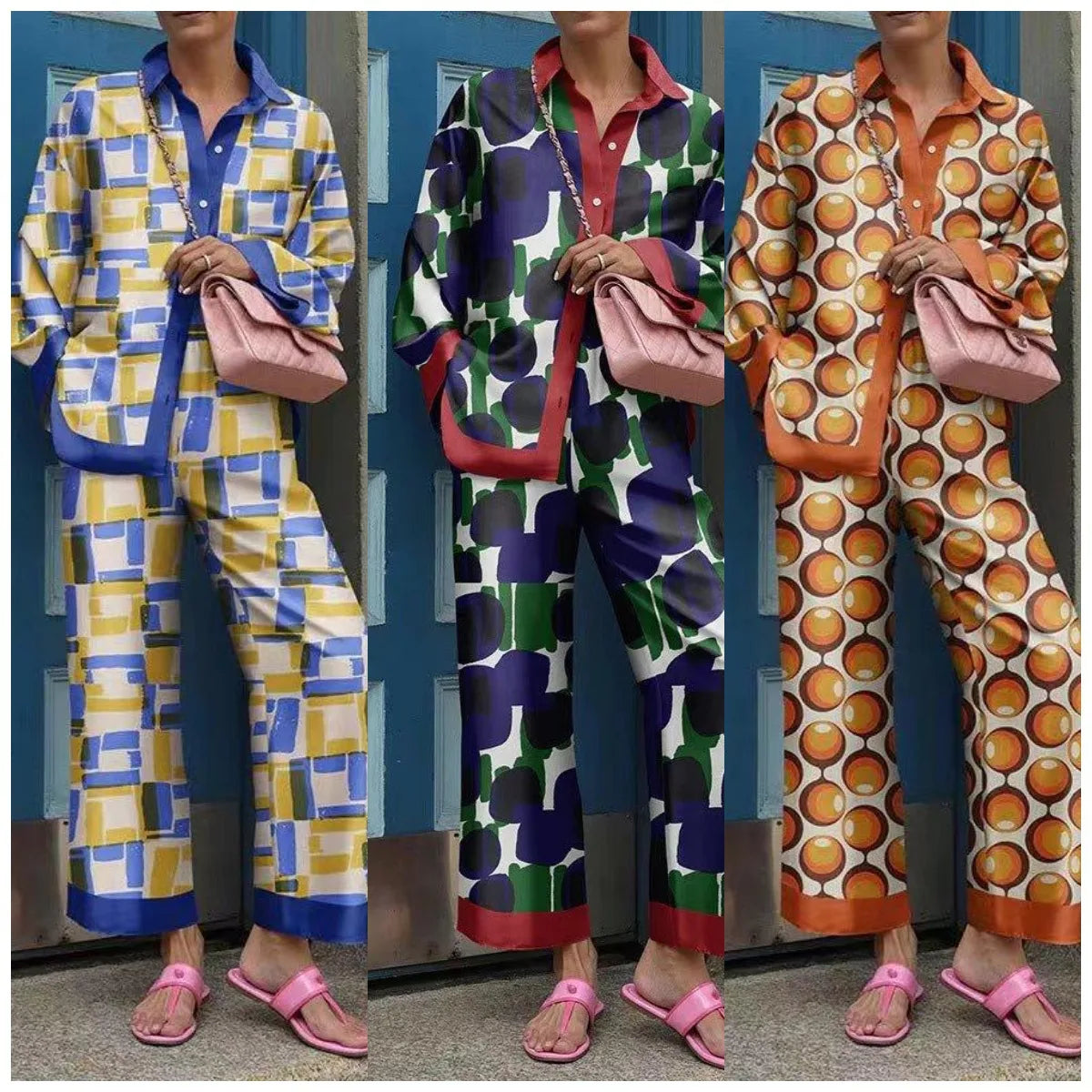 Women's Vintage Printed Loose Two-Piece Set - Long Sleeve Shirt & Wide Leg Pants for Autumn | Fashion Streetwear Outfit for Casual Wear, Office, and Date Nights
