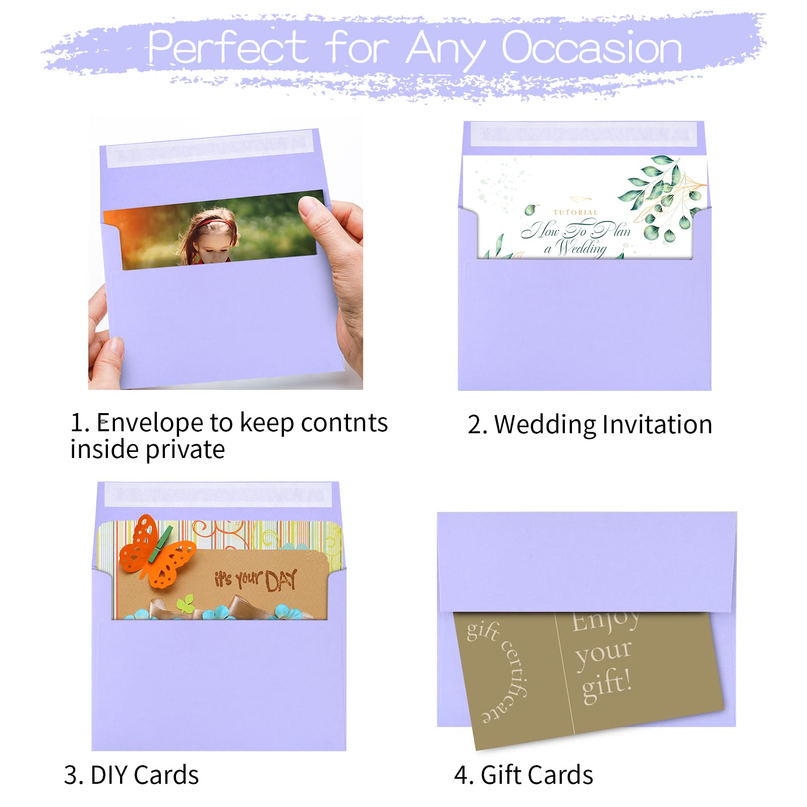 50 Pack 4x6 Purple Self Seal Envelopes for Invitations - A4 Printable Wedding, Baby Shower, Greeting Cards & Business Mailing - Perfect for DIY Events, Stationery & Office Use