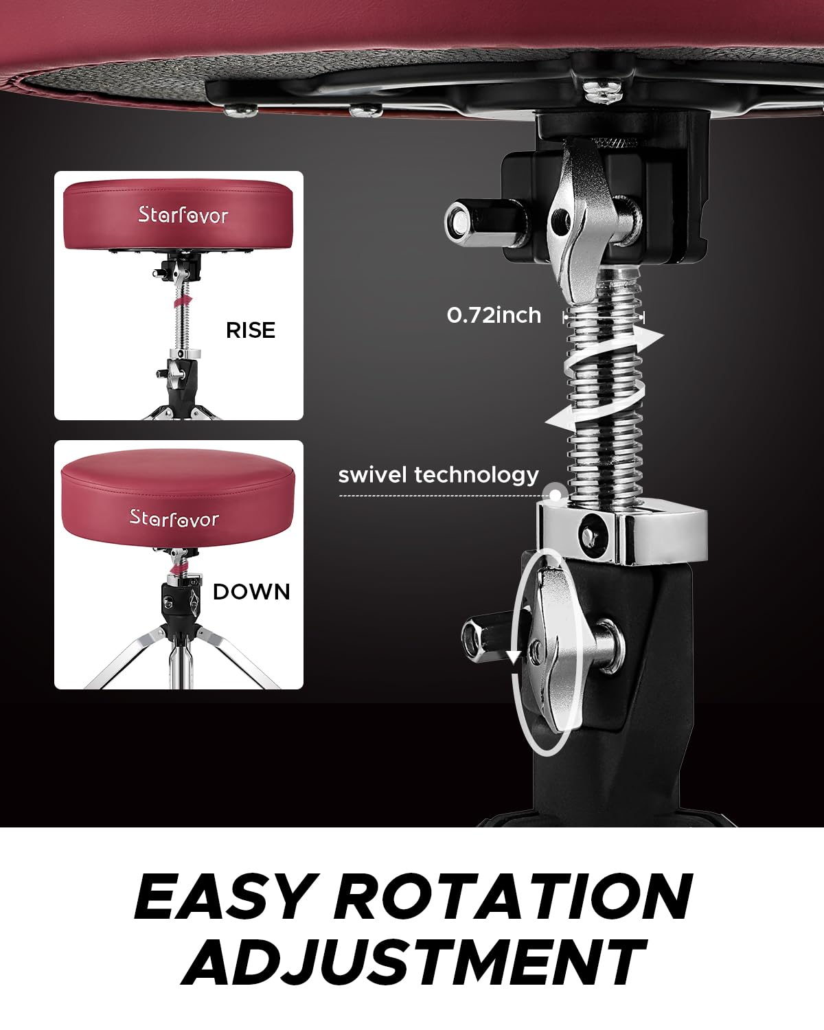 Starfavor Adjustable Drum Throne - Padded Rotatable Drum Stool with Double Braced Anti-Slip Feet, Comfortable Drum Seat for Drummers (Crimson Red, ST-650 Stone) - Perfect for Home Studios, Live Performances & Practice Sessions