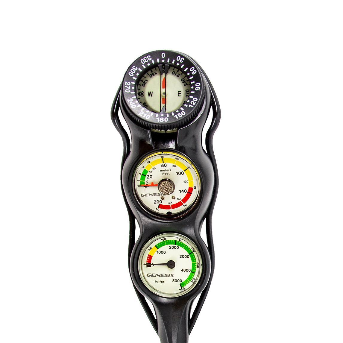 Genesis Three Gauge Analog Mini Console - Depth Gauge, Pressure Gauge & Compass for Marine, Boating & Outdoor Adventures | Waterproof & Durable Navigation Instrument
