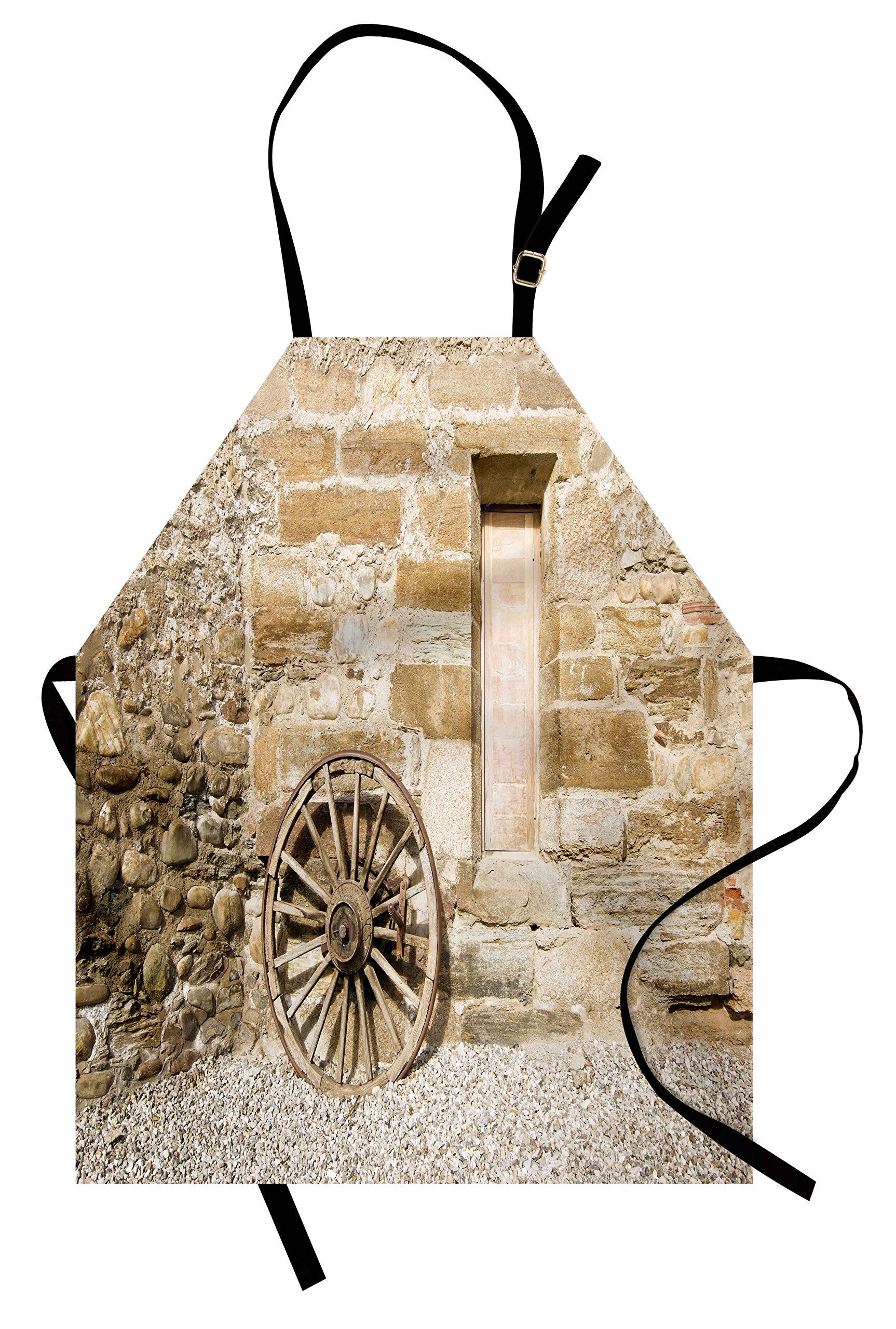 Ambesonne Vintage Barn Wood Wagon Wheel Apron - Adjustable Unisex Kitchen Bib for Cooking, Baking & Gardening - Rustic Country House Design in Brown & Pale Brown - Perfect for BBQ, Farmhouse Decor & Country-Themed Parties