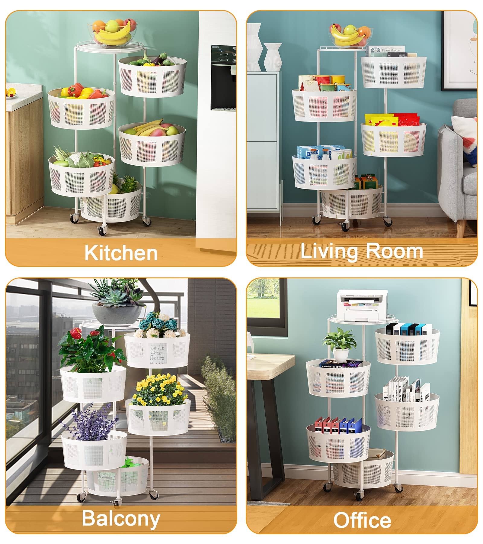 5-Tier Rotating Storage Rack with Metal Shelves - Kitchen Organizer for Fruits, Vegetables & Snacks | Space-Saving Rolling Cart for Pantry, Bathroom & Bedroom Organization | White
