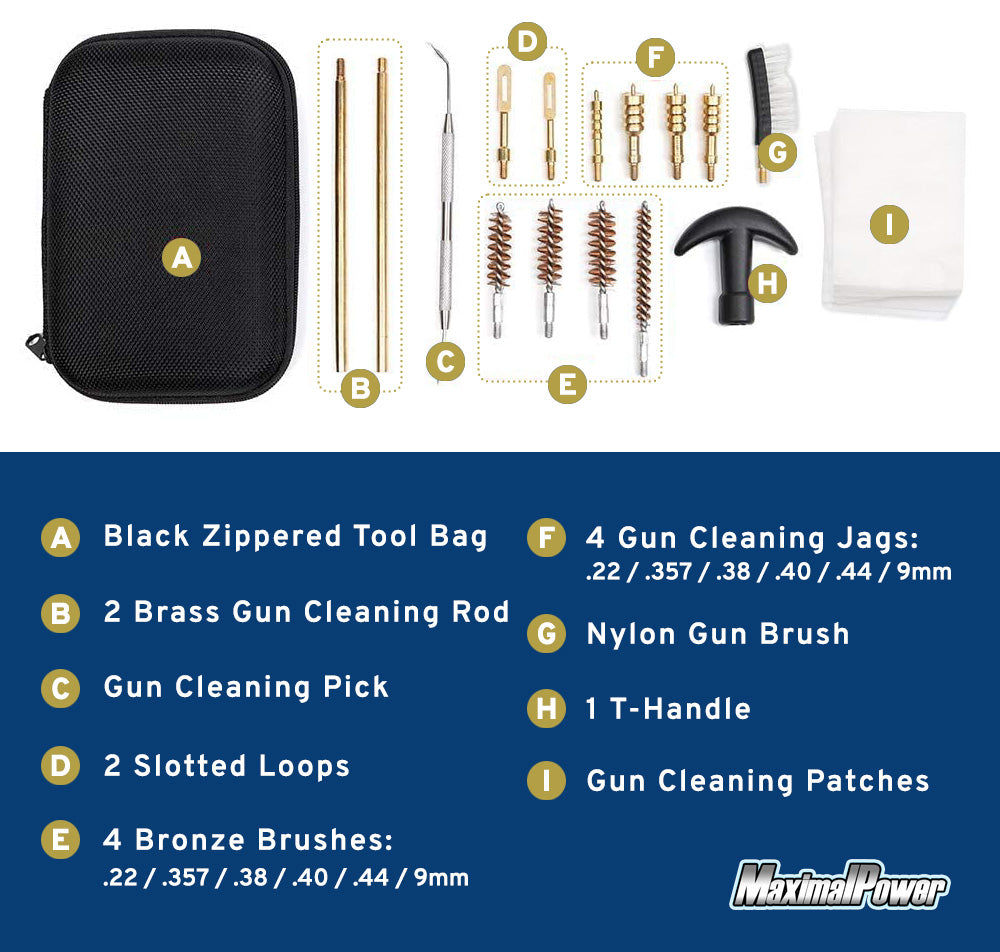 Premium Gun Cleaning Kit for .40 .45 .22 .38 & 9mm Caliber - Bore Brush, Brass Jags & Adapter for Rifle & Pistol Maintenance - Compact Travel Case Included - Perfect for Range, Hunting & Home Firearm Care