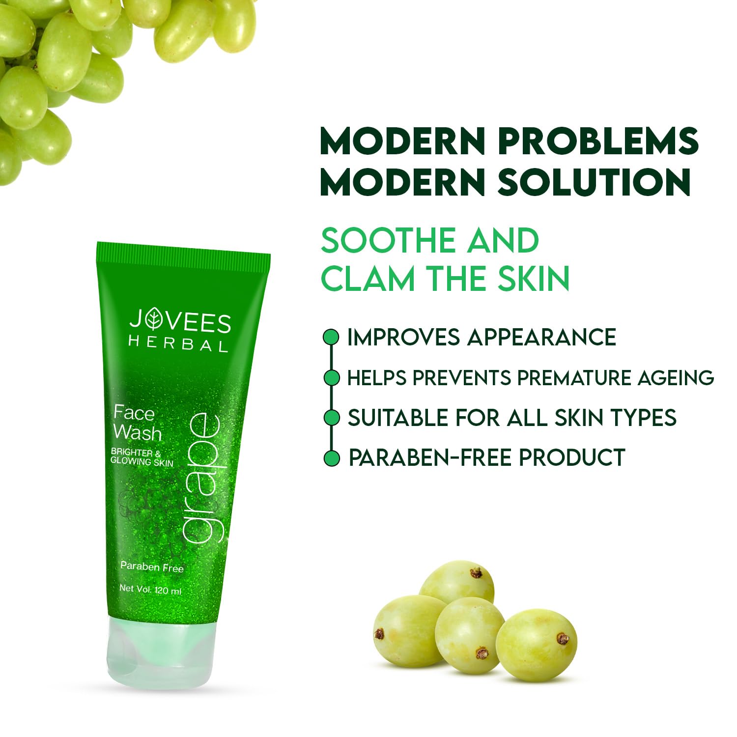 Jovees Herbal Grape Face Wash with Grape Seed & Orange Peel Extracts - Brightening & Glowing Skin Care | Reduces Uneven Skin Tone & Fine Lines | All Skin Types | 120ml (Pack of 2) | Perfect for Daily Cleansing & Anti-Aging Routine