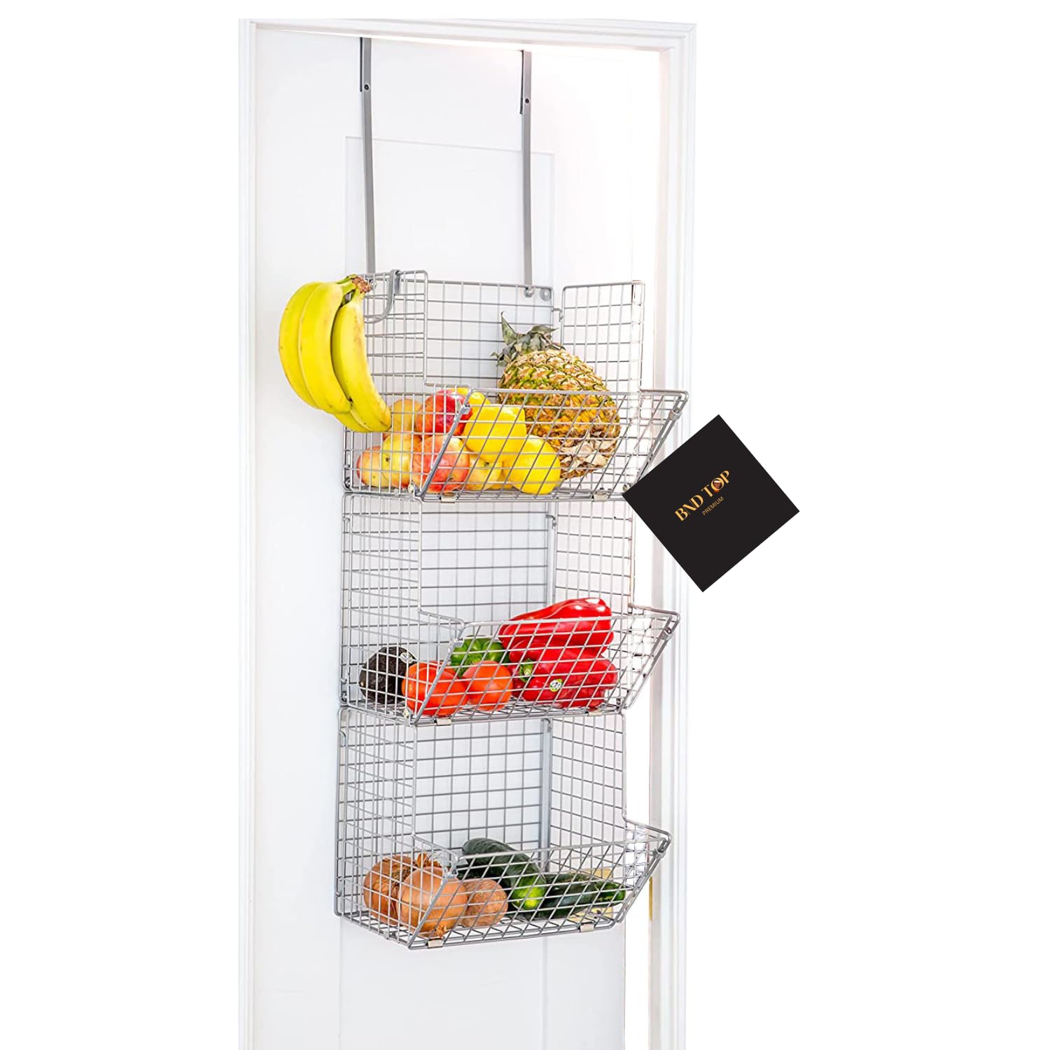 Metal Wire Over The Door Hanging Fruit Basket Shelves - Wall Mounted Kitchen Produce Organizer, Bathroom Towel Rack & Snack Storage Bin (Silver) - Perfect for Small Space Kitchen, Pantry & Bathroom Organization