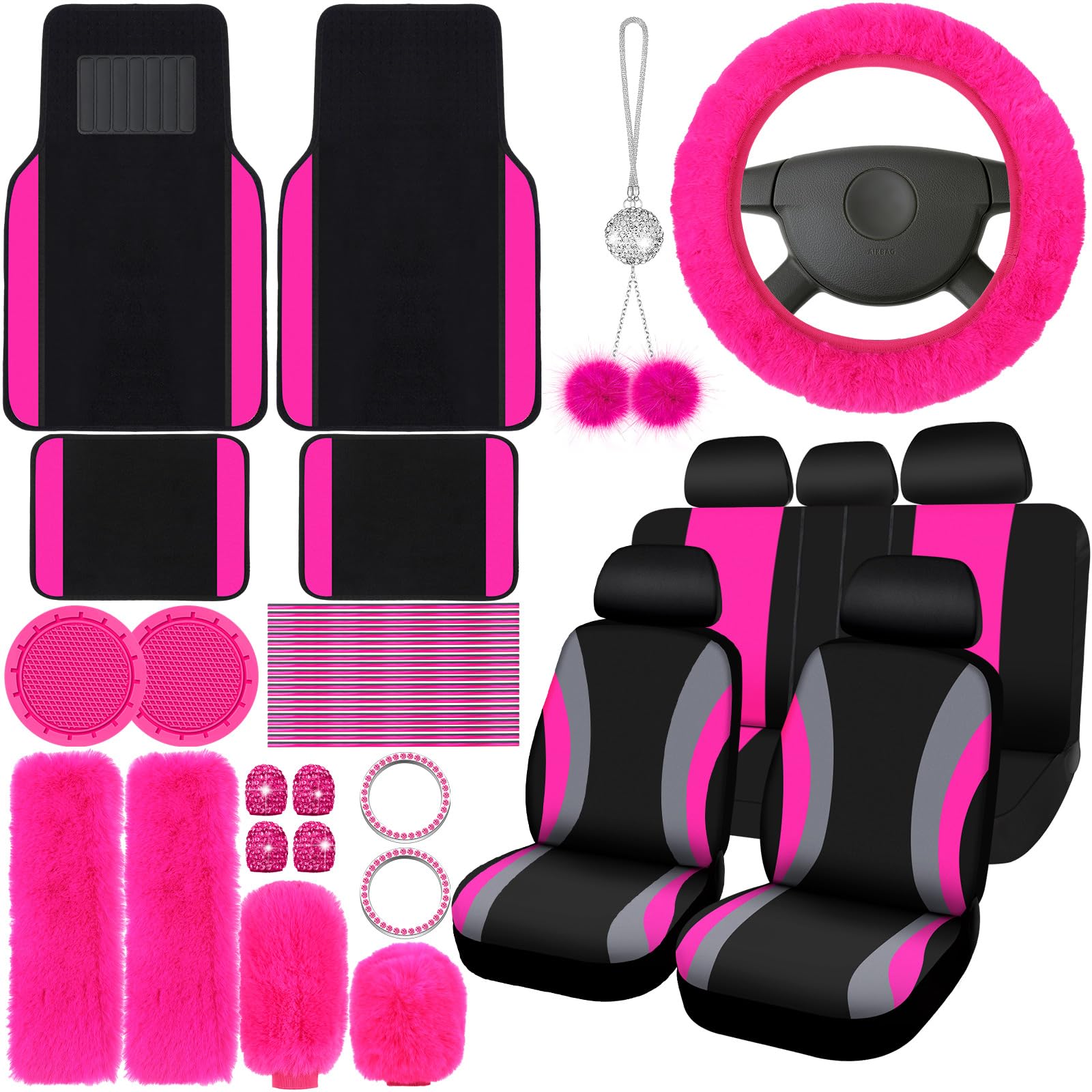 ROCEEI 47-Piece Full Set Car Seat Covers with Fluffy Steering Wheel Cover, Seat Belt Pads & Floor Mats - Rose Red | Universal Fit for Front & Rear Seats | Car Interior Accessories & Air Vent Decoration Strips | Perfect for Winter Comfort & Vehicle Protection