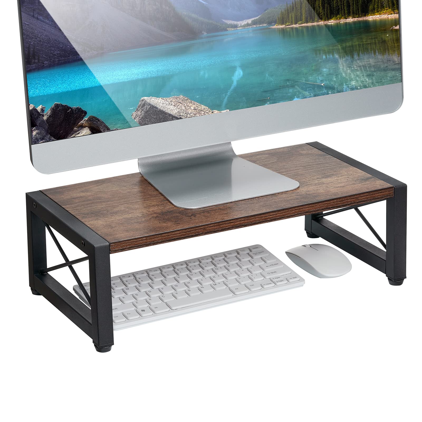 Vintage Wood Monitor Stand Riser - 17.7 Inch Ergonomic Desktop Shelf Organizer for Laptop, Computer, MacBook, Notebook - Dark Brown Wooden Desk Accessory for Home Office & Workspace Organization