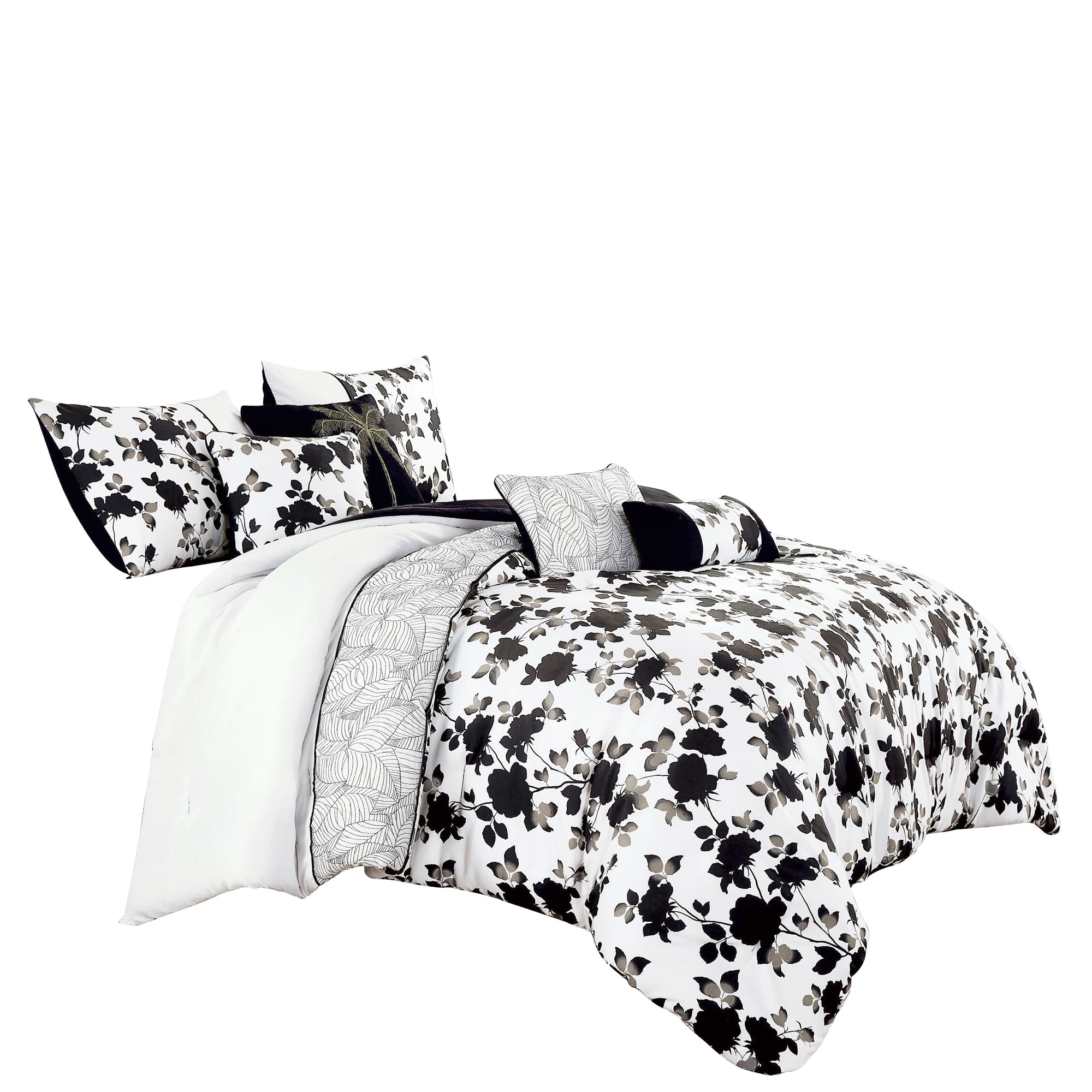 Premium 7-Piece Bloom Flowers Printed Comforter Set - Elegant Embroidered Floral Bedding for Queen Size Bed | Soft Down Alternative Filling | Botanical Bed in a Bag | Black (22538) | Perfect for Master Bedroom, Guest Room & Cozy Home Decor