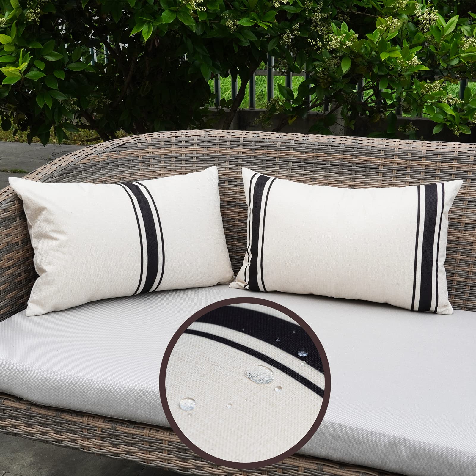 ONWAY Waterproof Outdoor Pillow Covers 12x20 Inches (Set of 2) - Beige & Black Striped Lumbar Throw Pillow Covers for Patio Furniture - Perfect for Garden, Poolside & Outdoor Lounge Chairs
