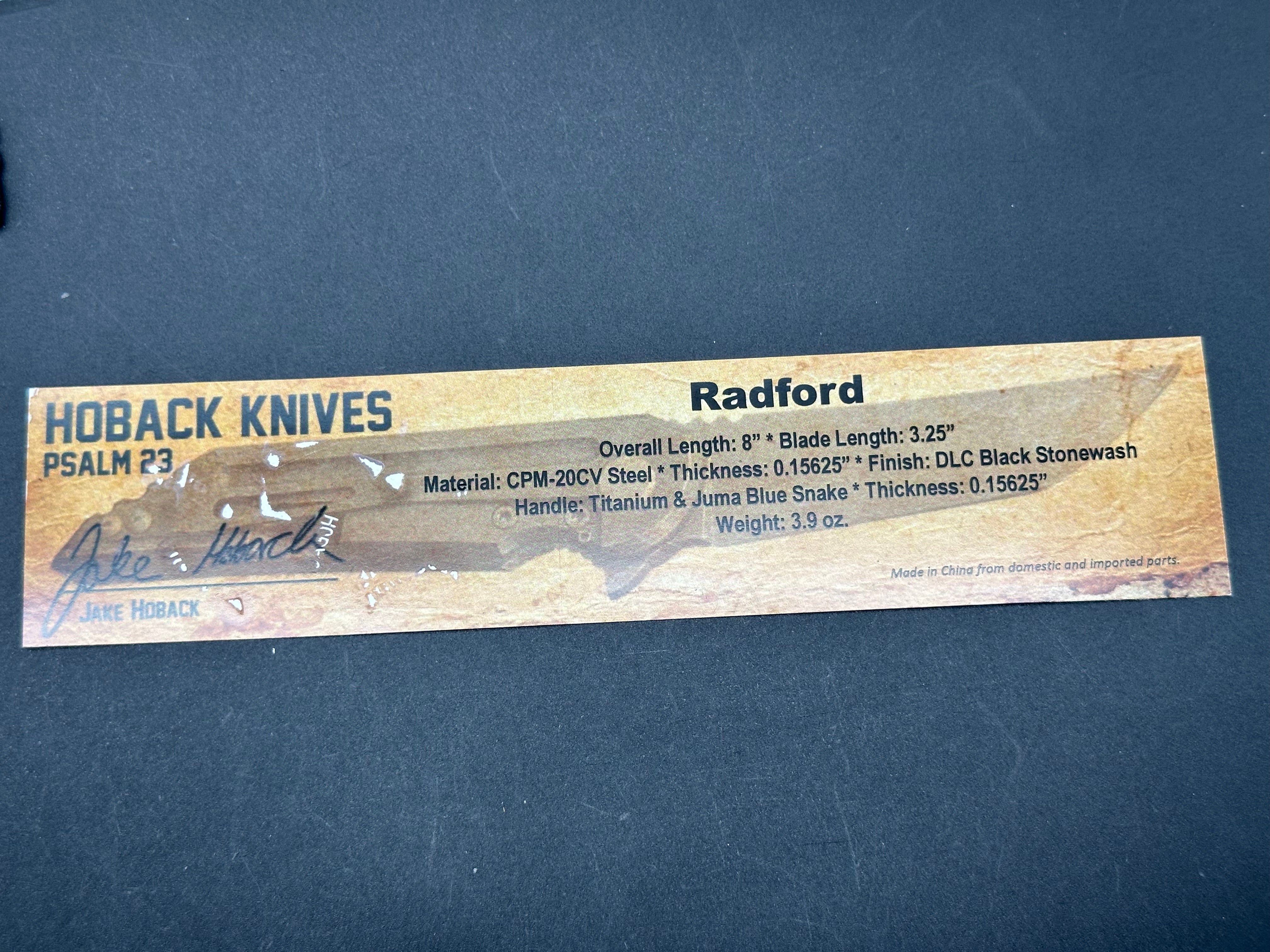 Jake Hoback Radford Frame Lock Folding Knife with Blue Snake Juma Handle - EDC, Outdoor, Camping & Survival Gear