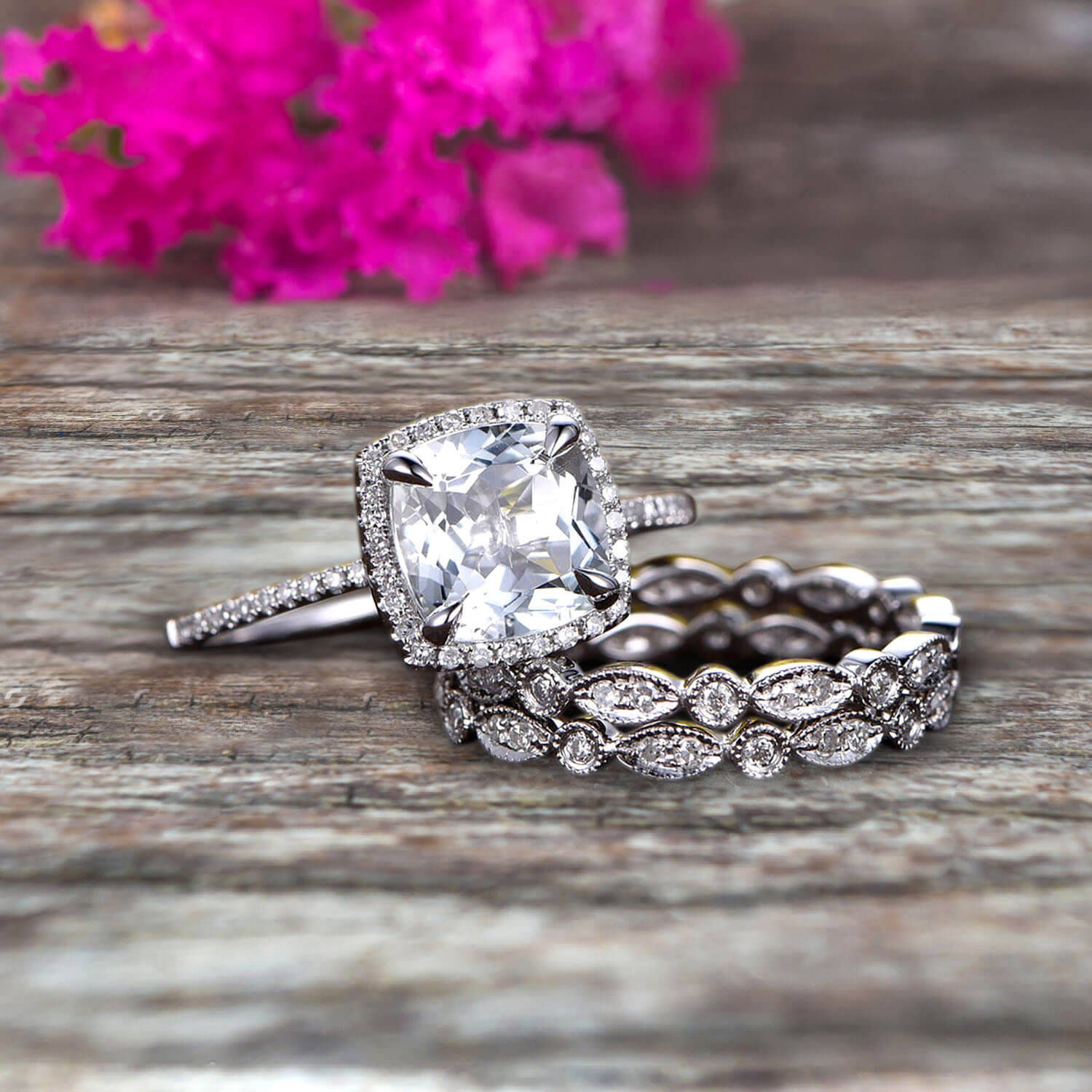 2 Carat Cushion Cut Moissanite Diamond Engagement Ring & Wedding Band Set in 10k White Gold, Art Deco Style Full Eternity Bridal Set - Perfect for Proposals, Anniversaries & Special Occasions