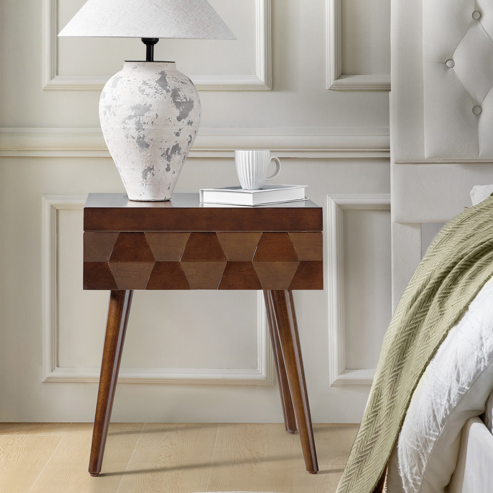 Vivian Mid-Century Modern Nightstand with USB Charging Station - Wooden Bedside Table with Drawer & Shelf - Perfect for Bedroom, Living Room, or Guest Room - Fast Charging & Stylish Storage Solution