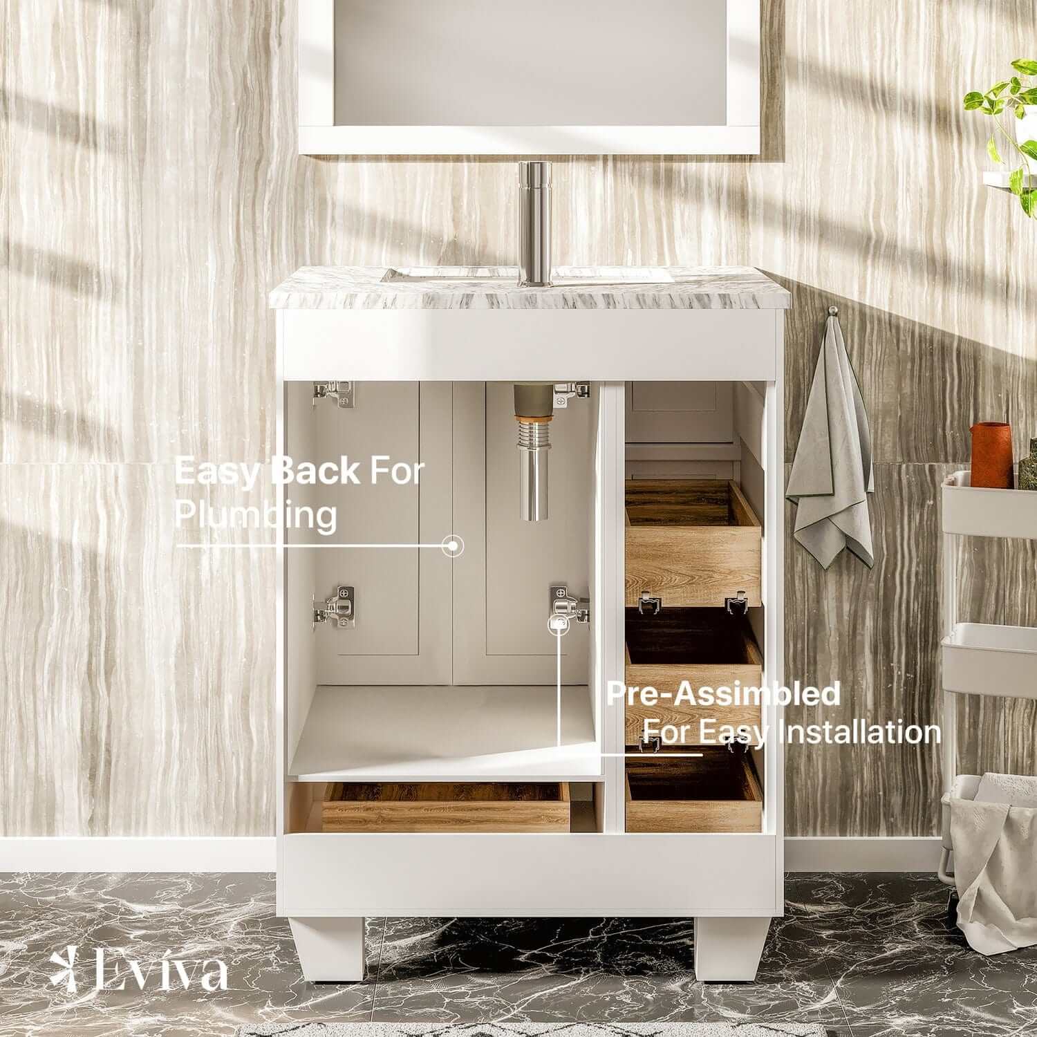 Eviva Happy 24 x 18 Inch Transitional White Bathroom Vanity with White Carrara Marble Countertop - Perfect for Small Bathroom Remodeling & Modern Home Decor