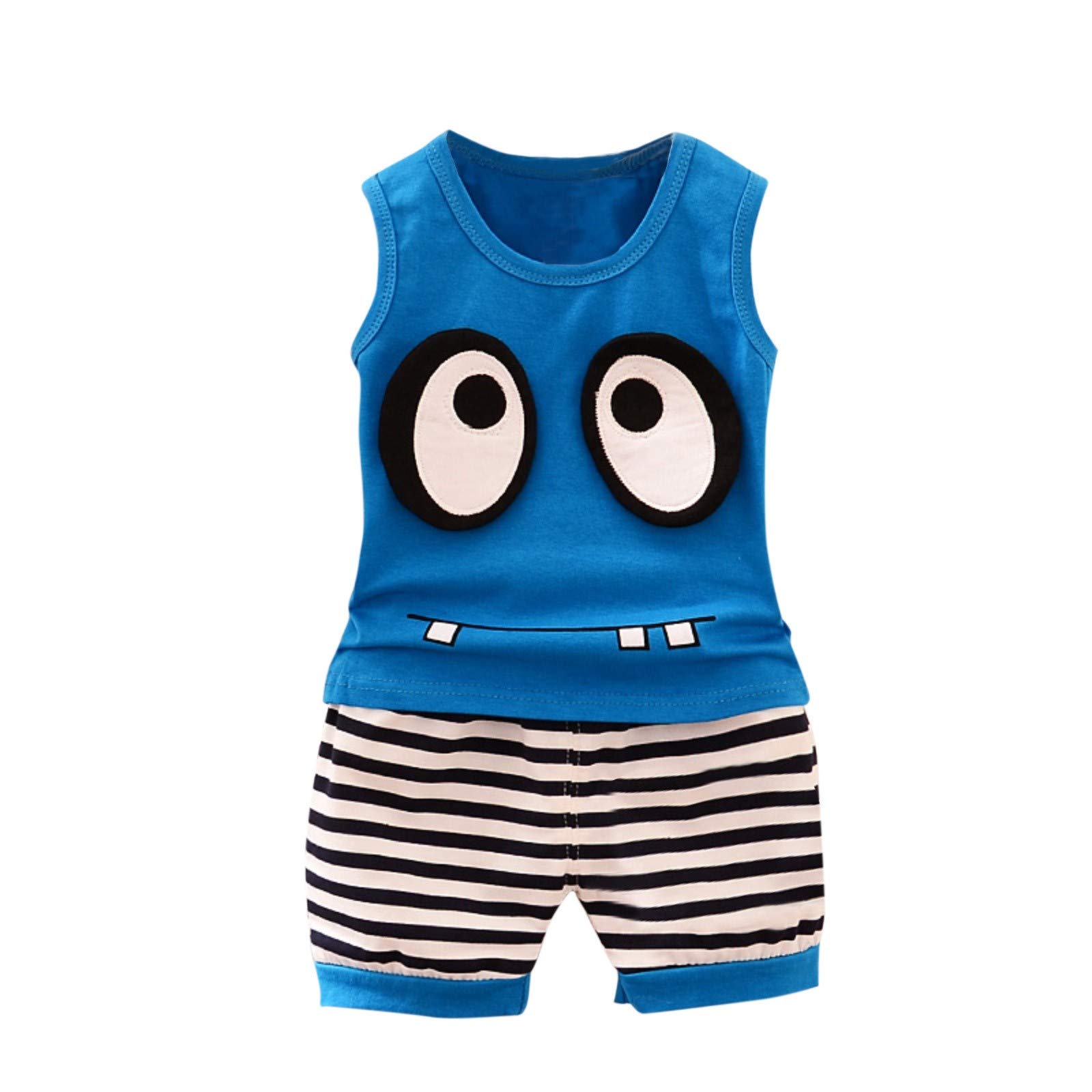 Cartoon Sleeveless Tank Top & Striped Shorts Set for Boys and Girls - Blue Kids Athletic Outfit (6-12 Months) - Perfect for Playtime, Summer Activities, and Casual Wear