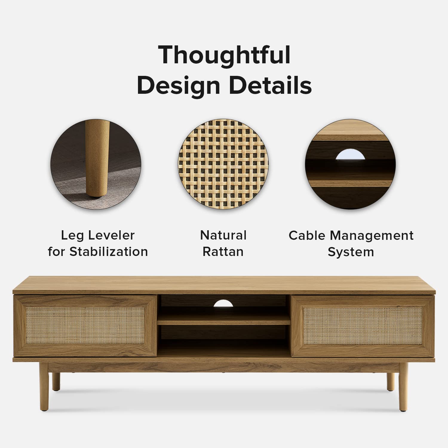 Haylee TV Stand for 55/60/65 Inch TVs - Modern Farmhouse Entertainment Center with Rattan Storage - Oak Media Console Credenza for Living Room & Bedroom - Perfect for Boho, Coastal & Rustic Home Decor