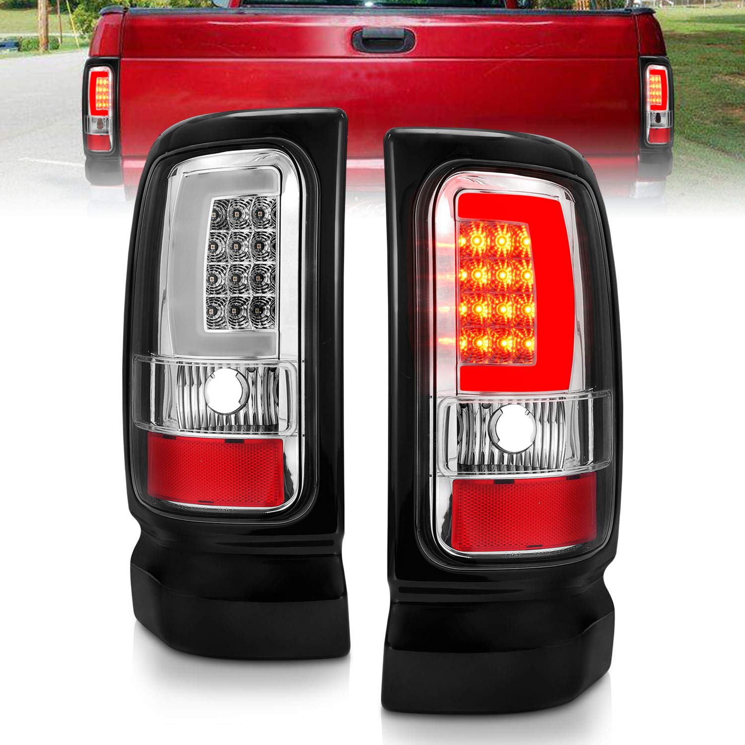 1994-2001 Dodge Ram 1500/2500/3500 Truck Chrome C-Bar LED Tail Lights - Pair (Left & Right) for Enhanced Visibility & Style - Perfect for Night Driving & Custom Truck Upgrades