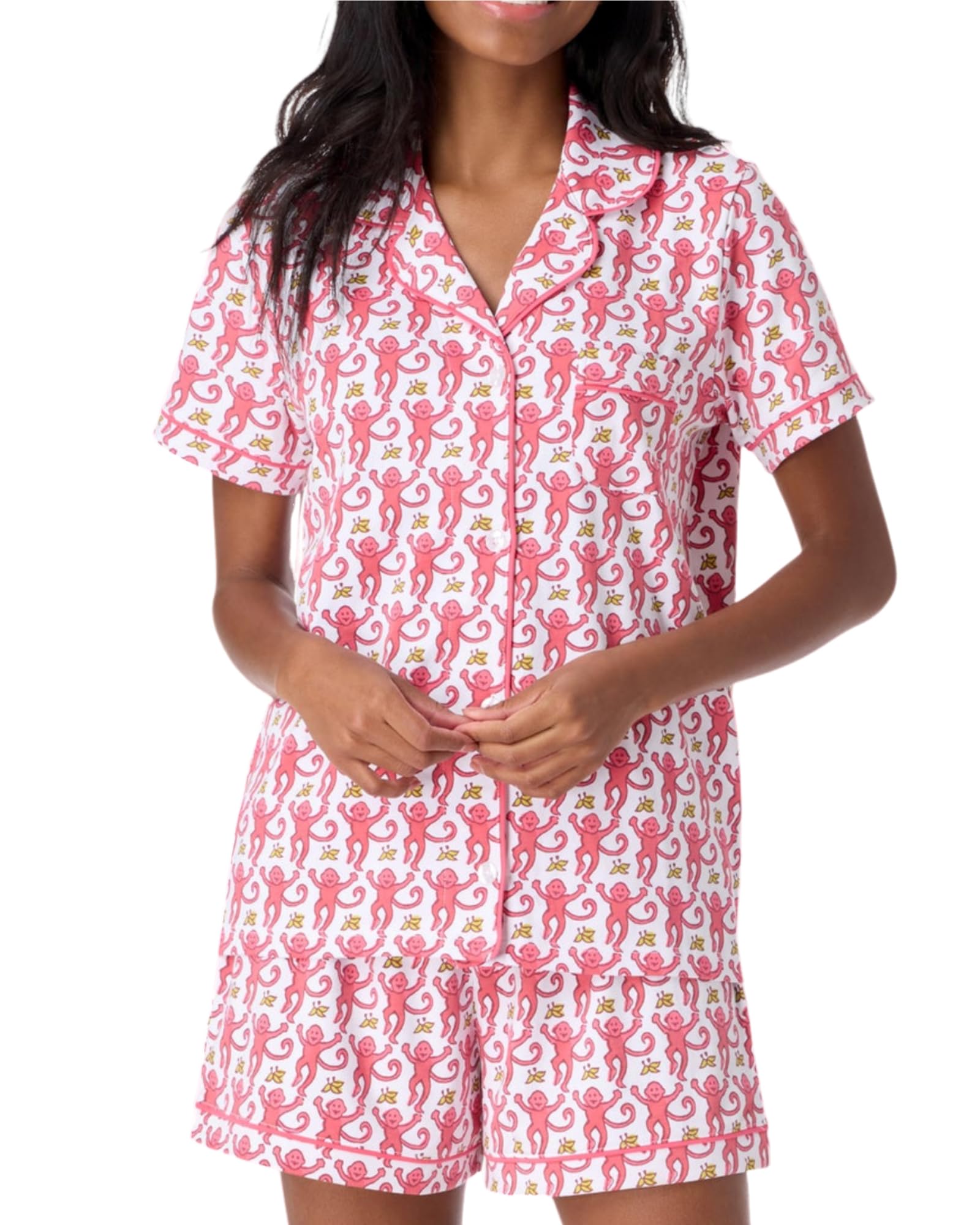 Women's 2-Piece Pajama Set with Button Down Top & Monkey Print Shorts - Y2K Style Loungewear for Vacation, Beach, Birthday & Valentine's Day Gifts | Perfect for Sleepovers, Relaxing at Home & Summer Getaways