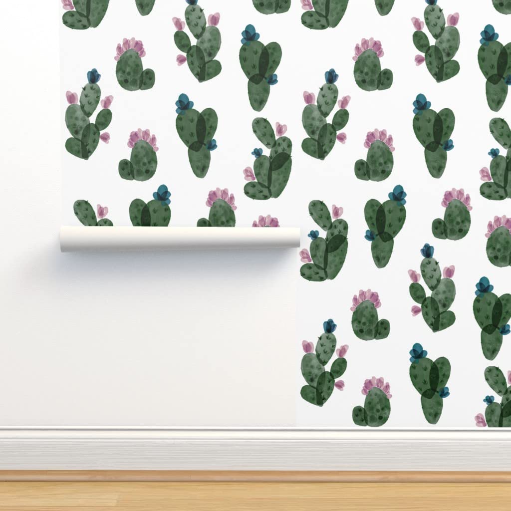 12ft x 2ft Peel and Stick Removable Wallpaper - Watercolor Cactus Desert Plants Design in Green, White & Pine Autumn Colors | Self-Adhesive Wall Decal for Bedroom, Living Room, Nursery or Office Decor