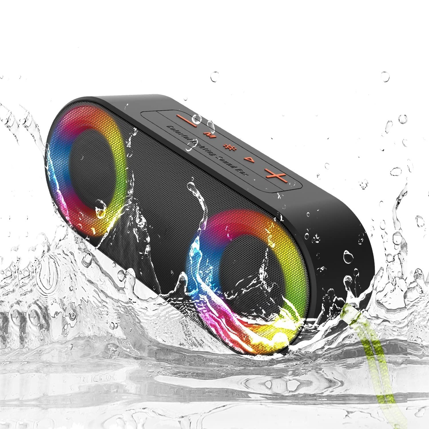 TOMPROAD Waterproof Bluetooth Speaker with LED Lights, Wireless Stereo Sound, Rich Bass, FM Radio & RGB Lights - Perfect for Shower, Travel, Camping, Pool Party & Home Use