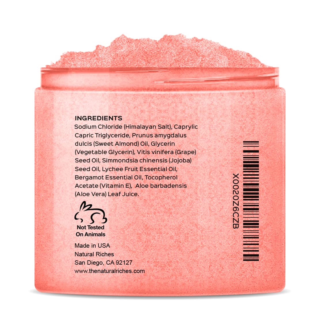 Natural Riches Himalayan Salt Exfoliating Body Scrub with Lychee Bergamot Essential Oil & Vitamin C - 12 Oz Deep Cleansing Foot & Skin Exfoliator for Moisturizing & Smoothing - Perfect for Spa Day, Dry Skin Care & At-Home Self-Care Routine