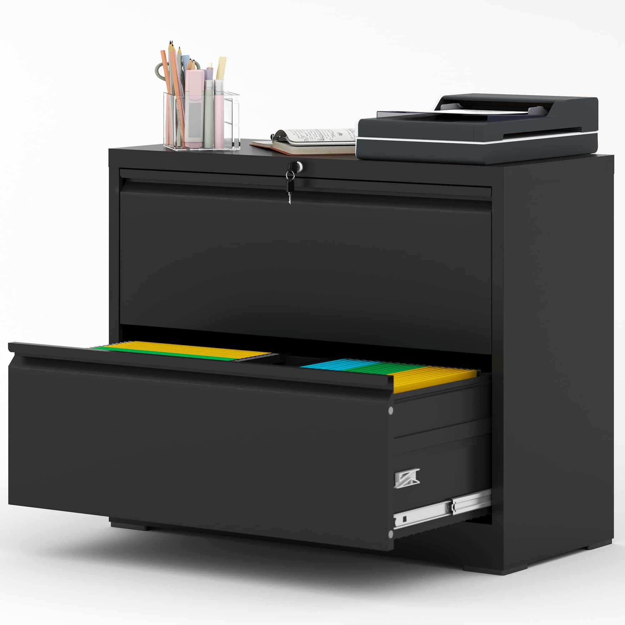 AQY 2-Drawer Locking Metal File Cabinet - Steel Lateral Office Storage for Letter/Legal/F4/A4 Hanging Files - Home & Office Organization Solution (Black) - Perfect for Document Storage in Small Spaces & Shared Workspaces