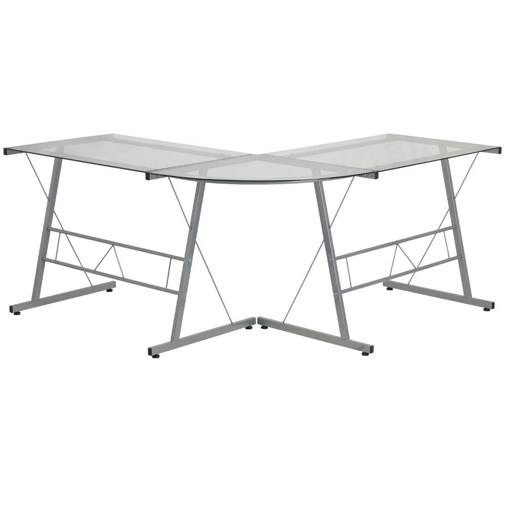 Flash Furniture Modern Glass L-Shaped Computer Desk with Sturdy Silver Metal Frame - Perfect for Home Office, Gaming Setup & Small Workspaces