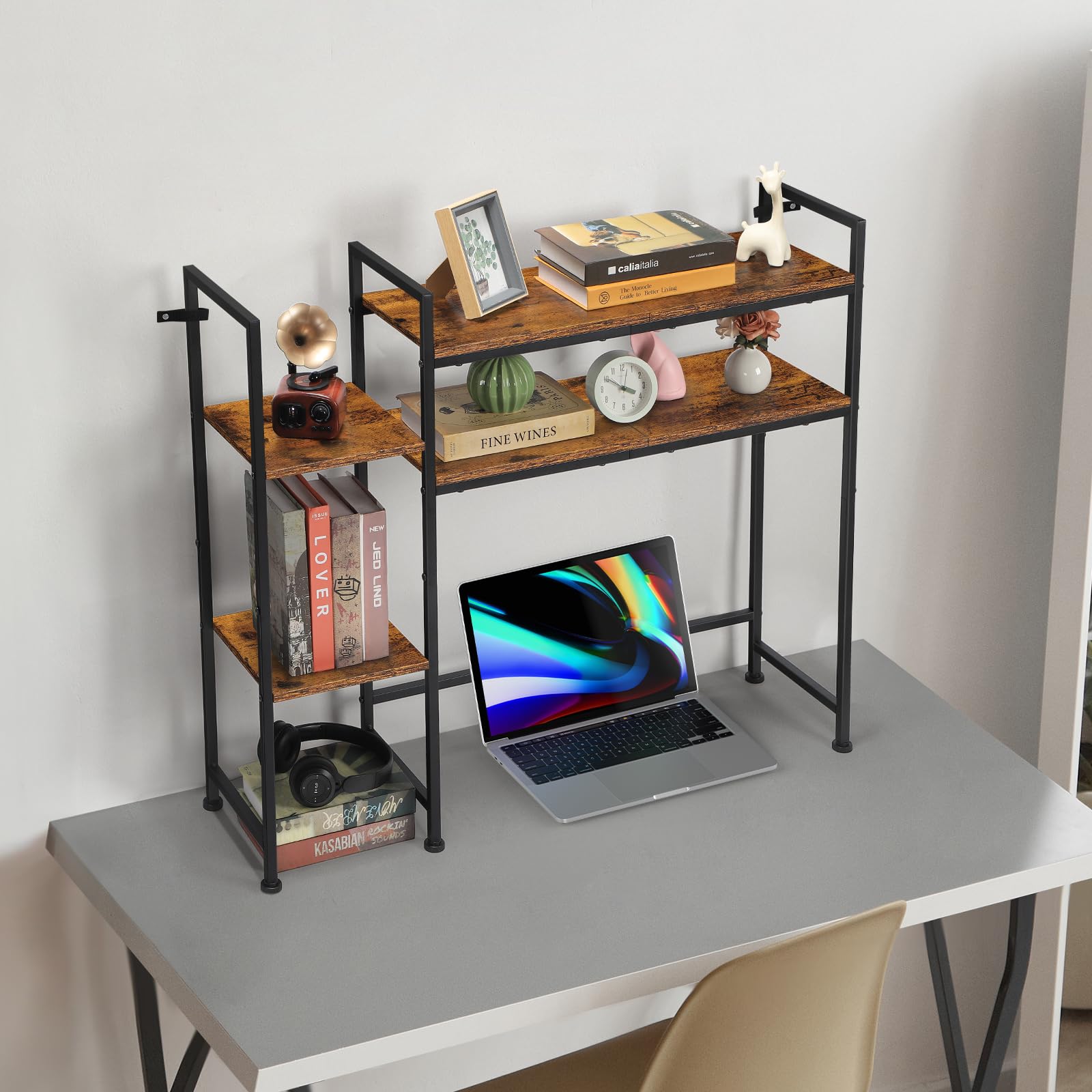 YBING 4-Tier Wooden Desktop Bookshelf & Desk Organizer - Rustic Brown Home Office Storage Shelf for Computer Desk, Hutch Dorm Display Rack | Perfect for Organizing Books, Office Supplies & Decor in Small Spaces