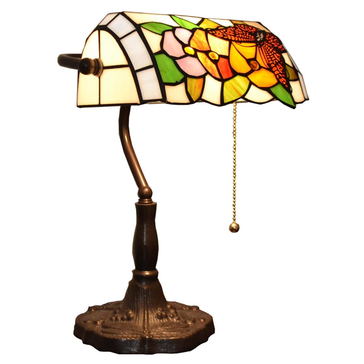 Tiffany Style Banker's Lamp Butterfly Table Lamp - Handmade Colorful Glass Shade, Pull Chain Switch, Vintage Reading Desk Light for Office, Bedside, Living Room, Bedroom, Bar & Cafe Decor (Bulb Not Included) | Perfect for Cozy Reading Nooks, Home Office Lighting & Vintage-Inspired Interior Design