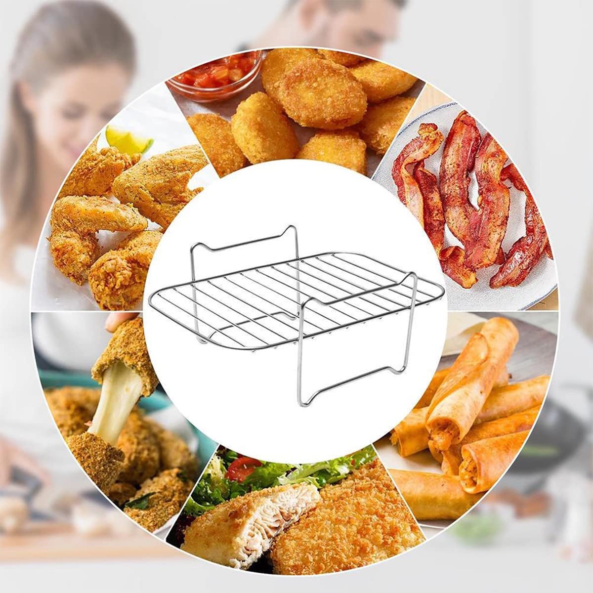 Keyohome 2-Piece Air Fryer Double Layer Grilling Rack with 4 Skewers - Stainless Steel Multi-Purpose Accessories for BBQ, Roasting & Baking - Perfect for Air Fryers, Ovens & Grills (Silver) - Great for Family Dinners, Parties & Healthy Cooking