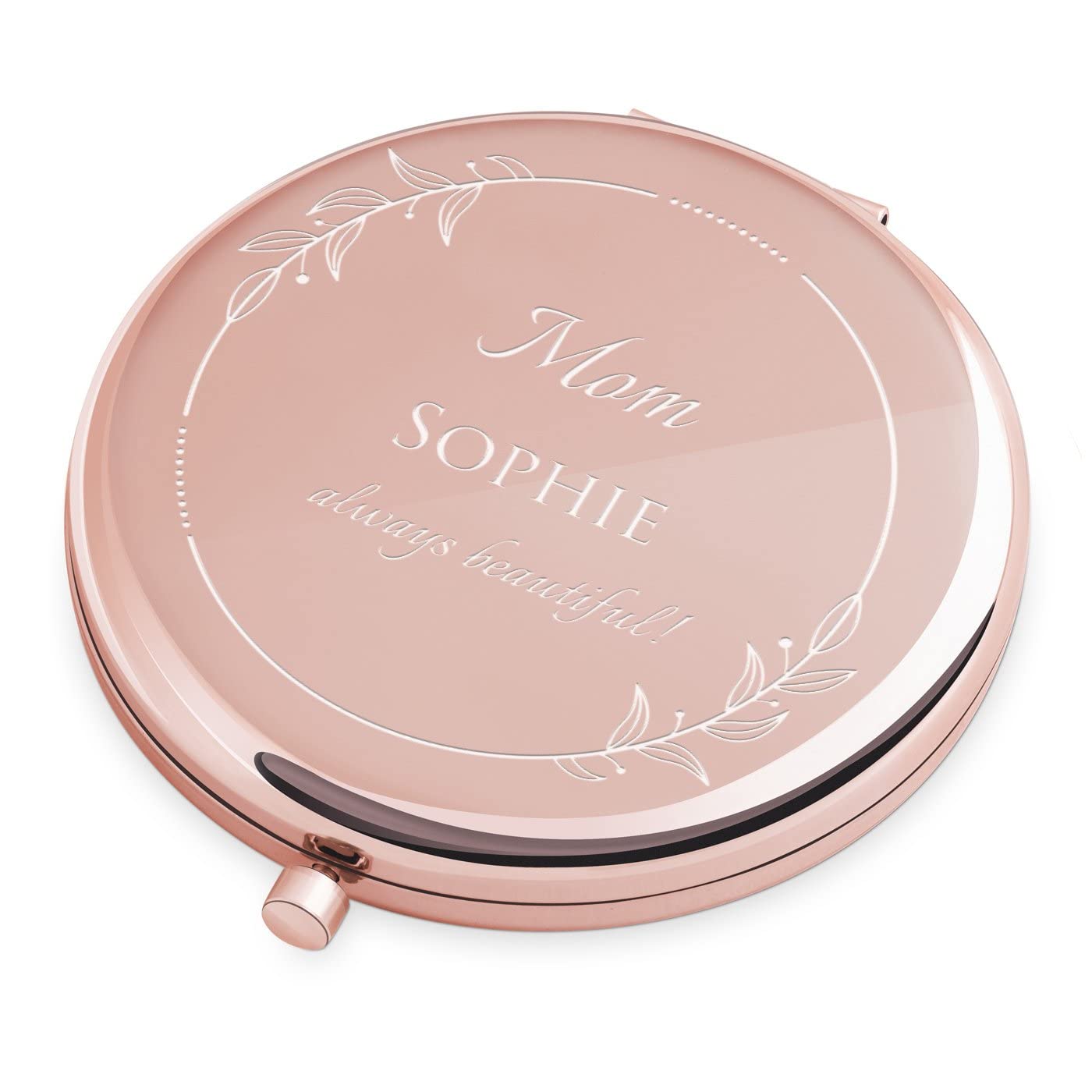 Personalized Rose Gold Compact Mirror for Women - Custom Engraved Cosmetic Mirror with Leaves Design - Perfect Gift for Birthday, Anniversary & Special Occasions - Elegant Makeup Accessory for Travel & Handbag