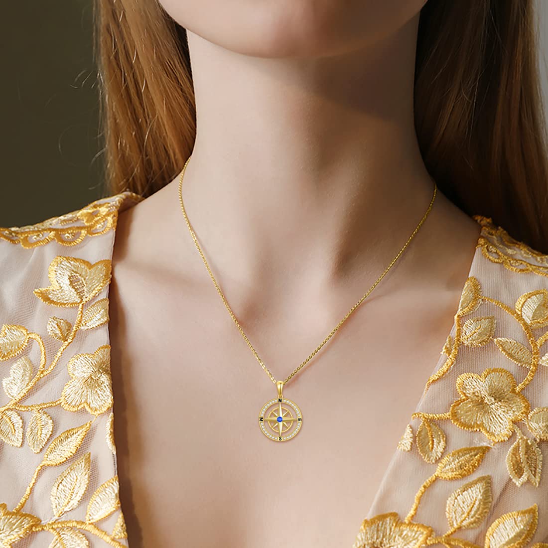 14K Real Gold Compass Pendant Necklace for Women - Dainty Yellow Gold Small Compass Necklace with Cubic Zirconia | Perfect Graduation Gift, Birthday Present for Wife & Mom | 16+2 Inch Chain | Elegant Everyday Jewelry & Special Occasion Accessory
