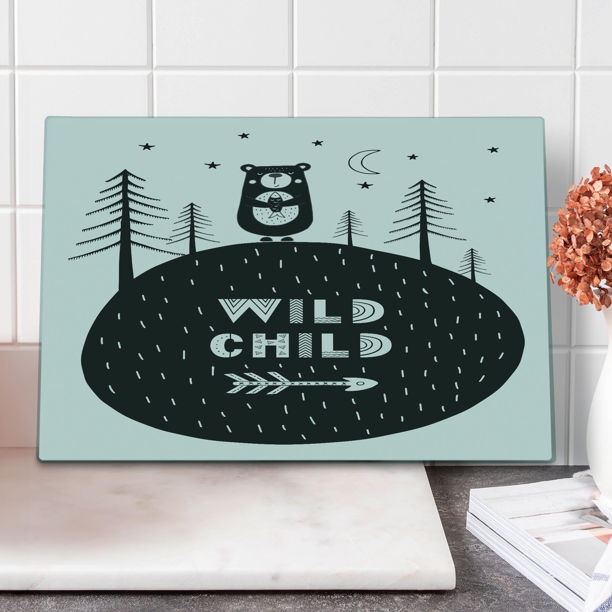 Ambesonne Grey and White Bear Forest Cutting Board - Hand Drawn Smiling Bear Holding Fish Design - Tempered Glass Serving Board for Kitchen & Dining - Large Decorative Charcuterie Tray for Entertaining & Gifts