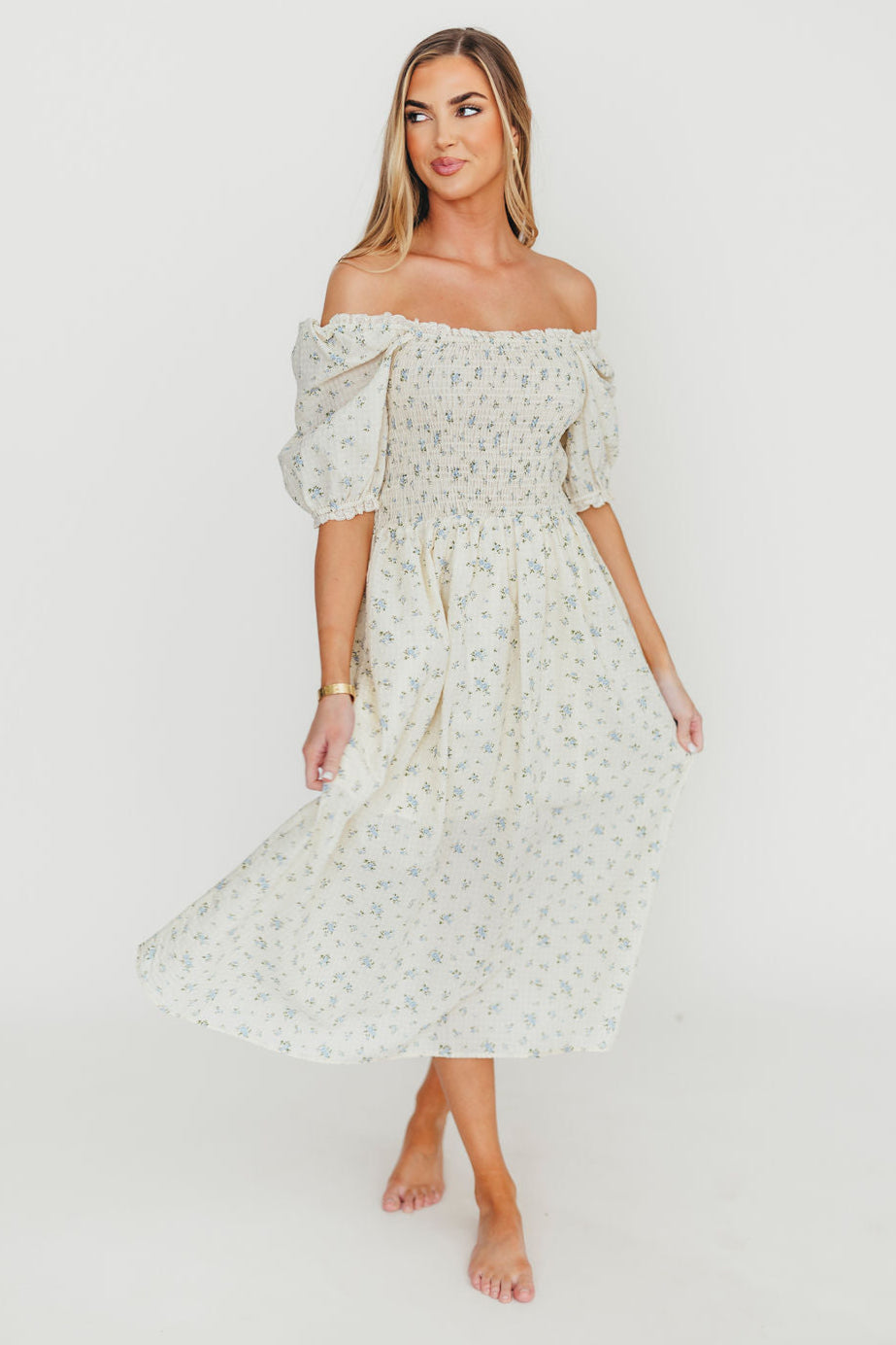 Kinsley Ditsy Floral Smocked Midi Dress - Sky Blue Summer Dress for Women | Perfect for Beach Vacation, Garden Party & Date Night