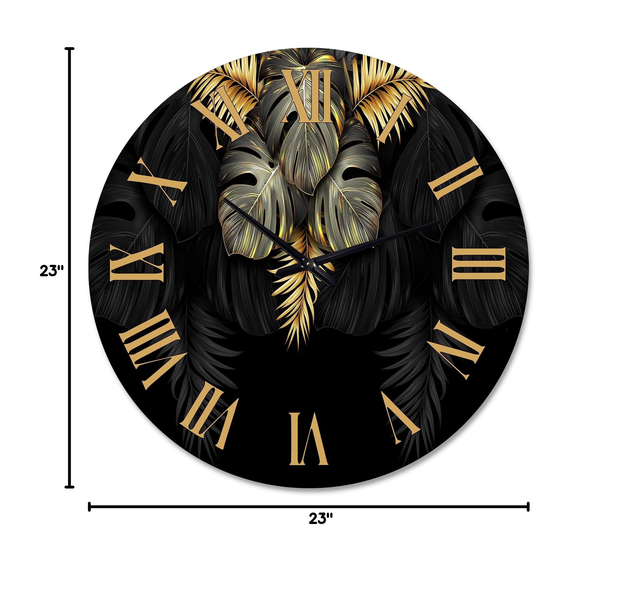 DesignQ Modern Wall Clock - Black & Gold Tropical Leaves IV - Large Floral Botanical Wall Clock for Living Room, Bedroom, Office Decor - Perfect for Home, Office & Gift Giving