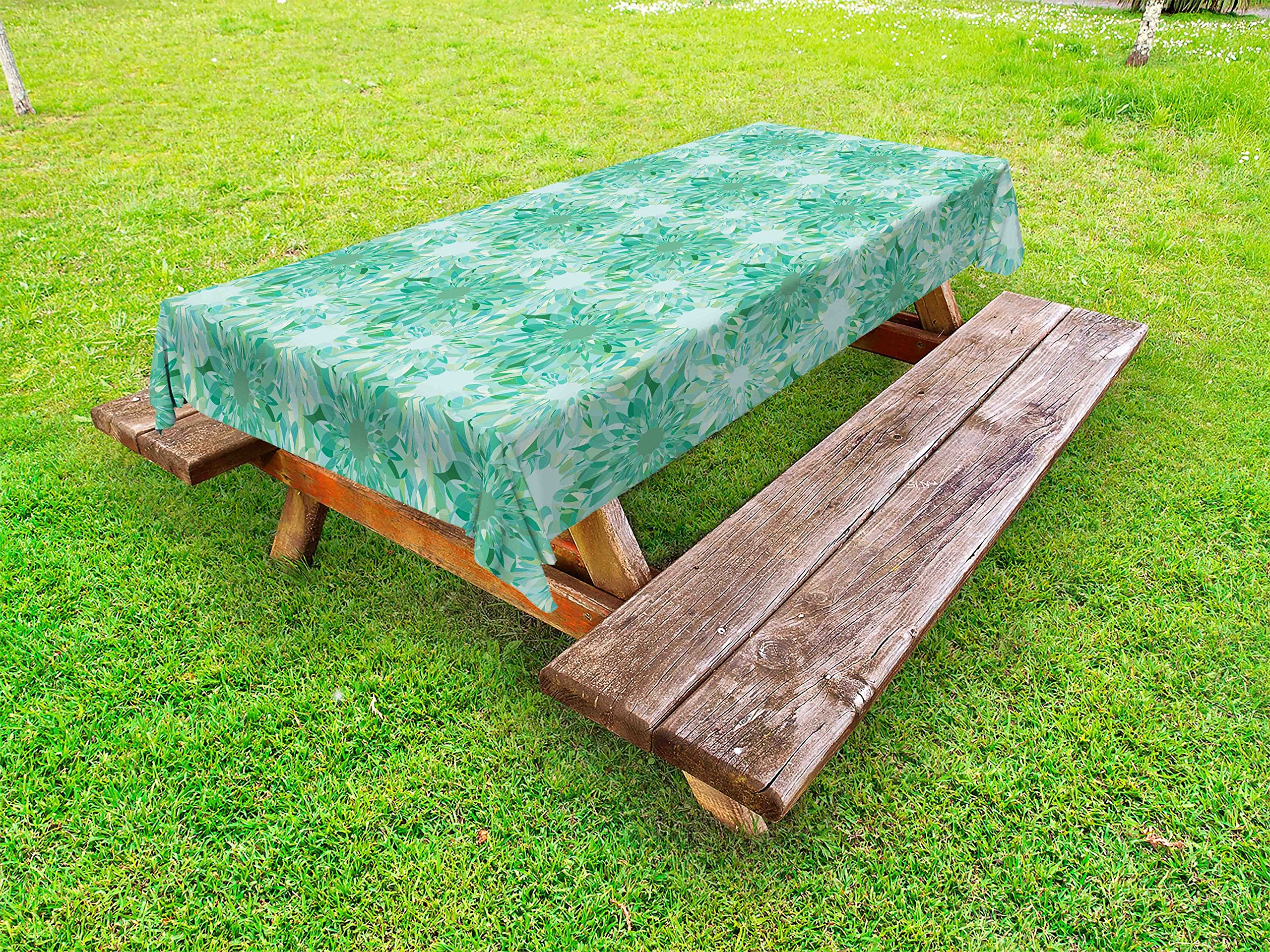 Ambesonne Turquoise Floral Outdoor Tablecloth - Beryl Crystal Guilloche Flower Design, Washable Picnic Table Cover 58
