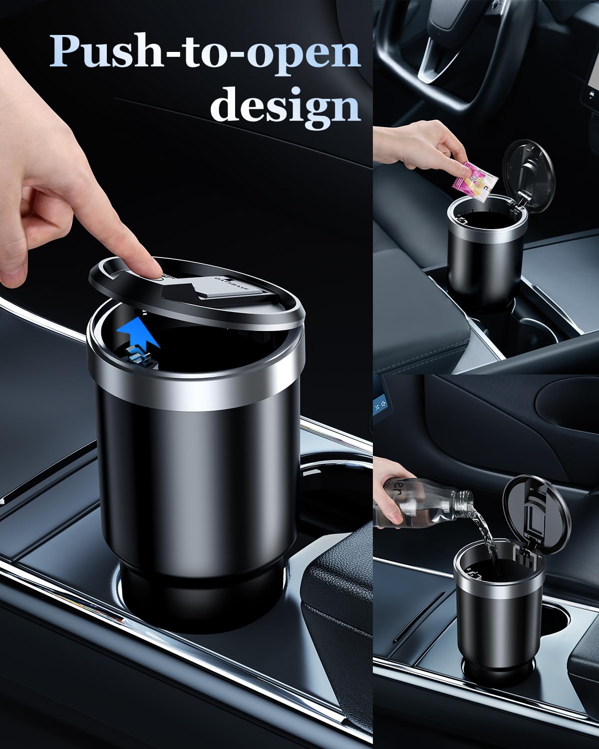 Mini Car Trash Can with Lid & 45 Trash Bags - Small Cup Holder Garbage Bin for Front Seat, Vehicle Accessories for Men & Women - Perfect for Road Trips, Commuting & Keeping Your Car Clean (Black)