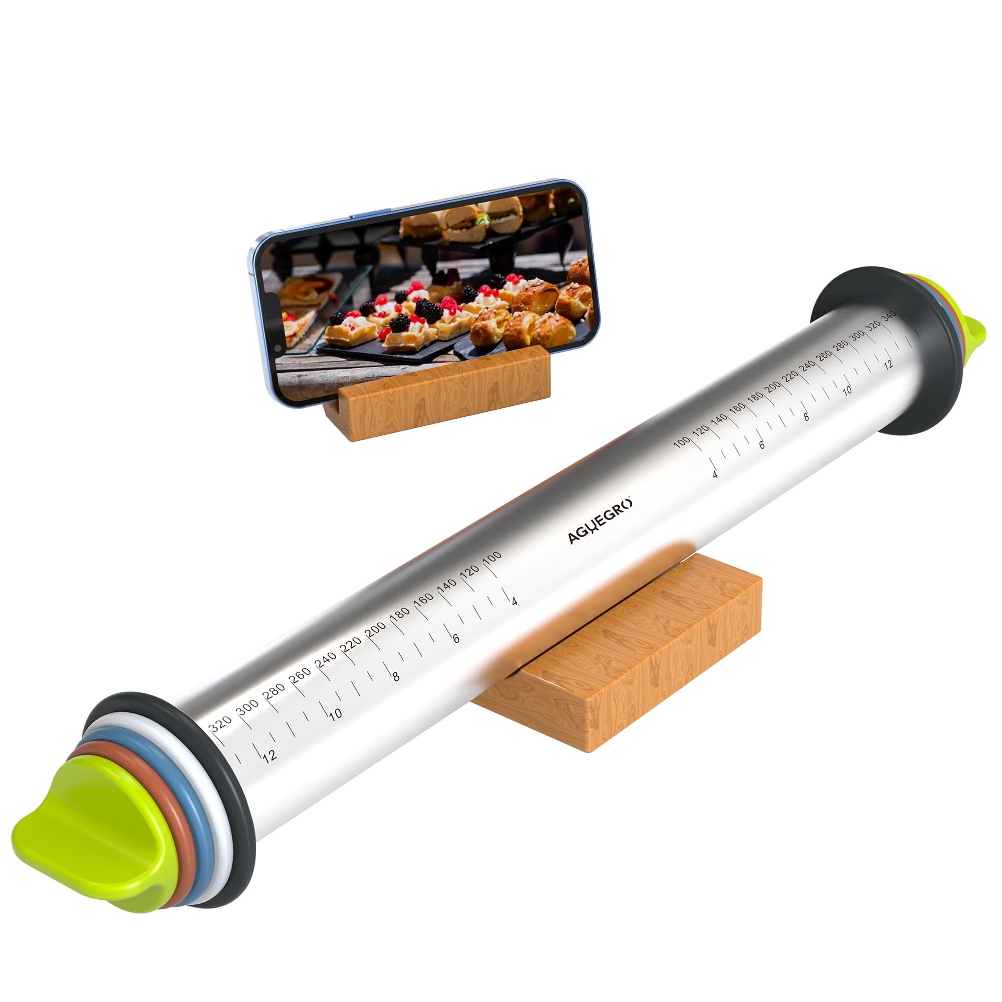 Premium Stainless Steel Rolling Pin with 4 Multi-Color Thickness Rings & Wooden Stand - 13.6