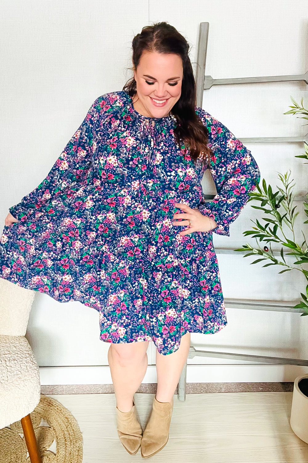 Joyful Navy Floral Bow Tie Babydoll Long Ruffle Sleeve Dress for Women - Elegant Party, Wedding Guest & Special Occasion Outfit