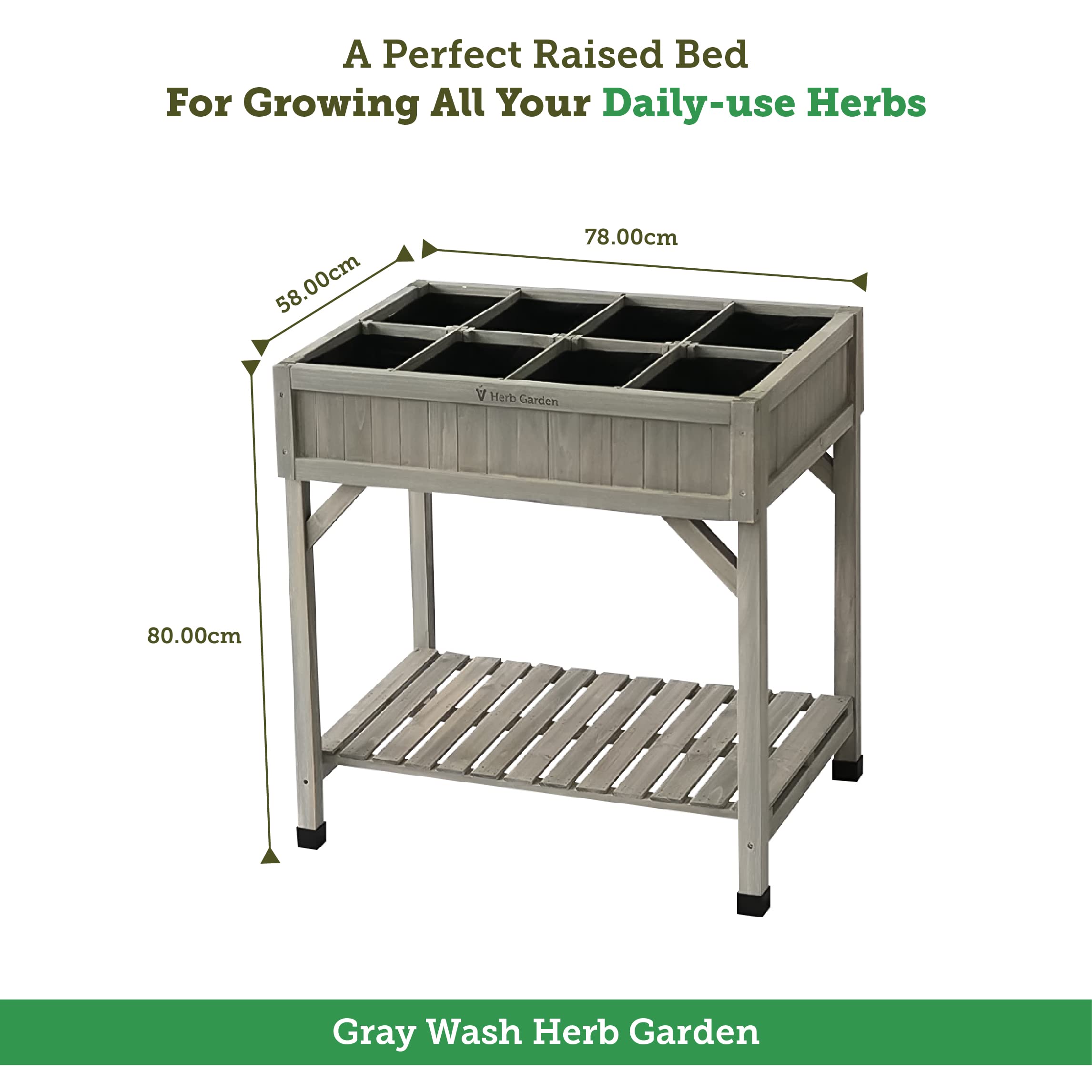 VegTrug 8 Pocket Wooden Herb Garden Planter with Herb Snips - Gray Wash Raised Bed for Patio, Balcony & Kitchen - Grow Fresh Basil, Mint, Parsley & More