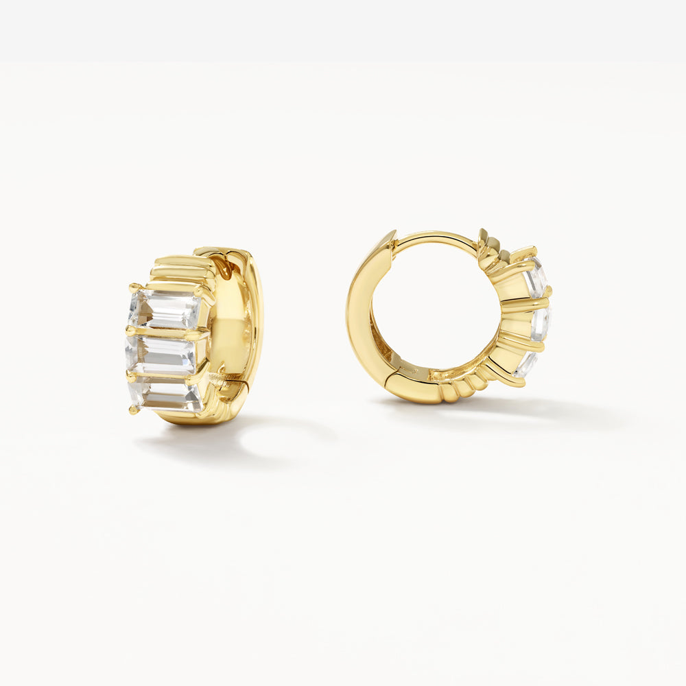 White Topaz Baguette Textured Gold Huggie Earrings for Women - Elegant Everyday Jewelry for Work, Date Night & Special Occasions