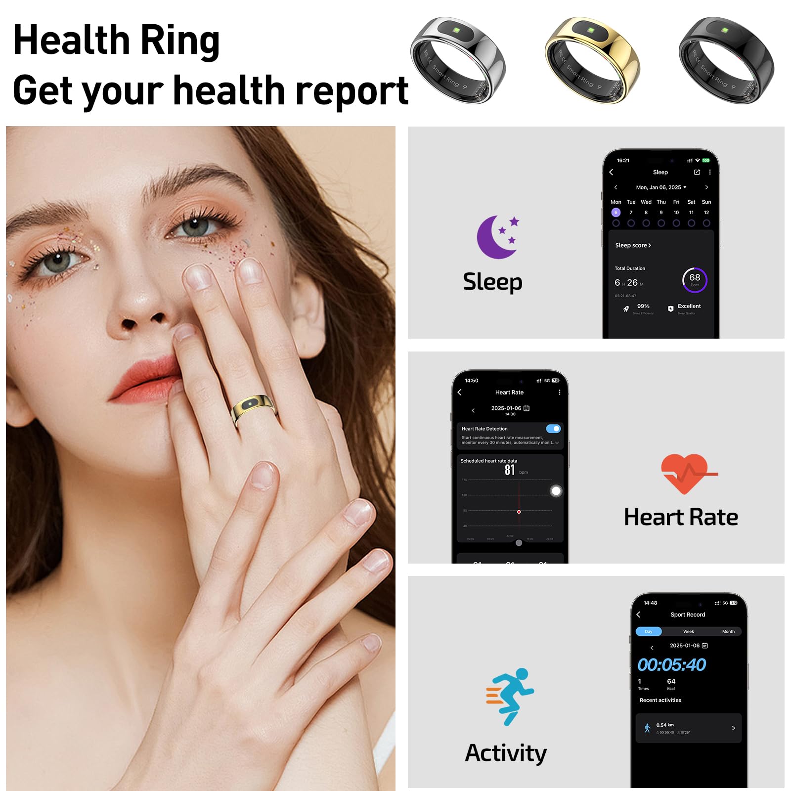 Smart Fitness Ring with Sleep Tracking for Women & Men - iOS & Android Compatible for Active Lifestyles