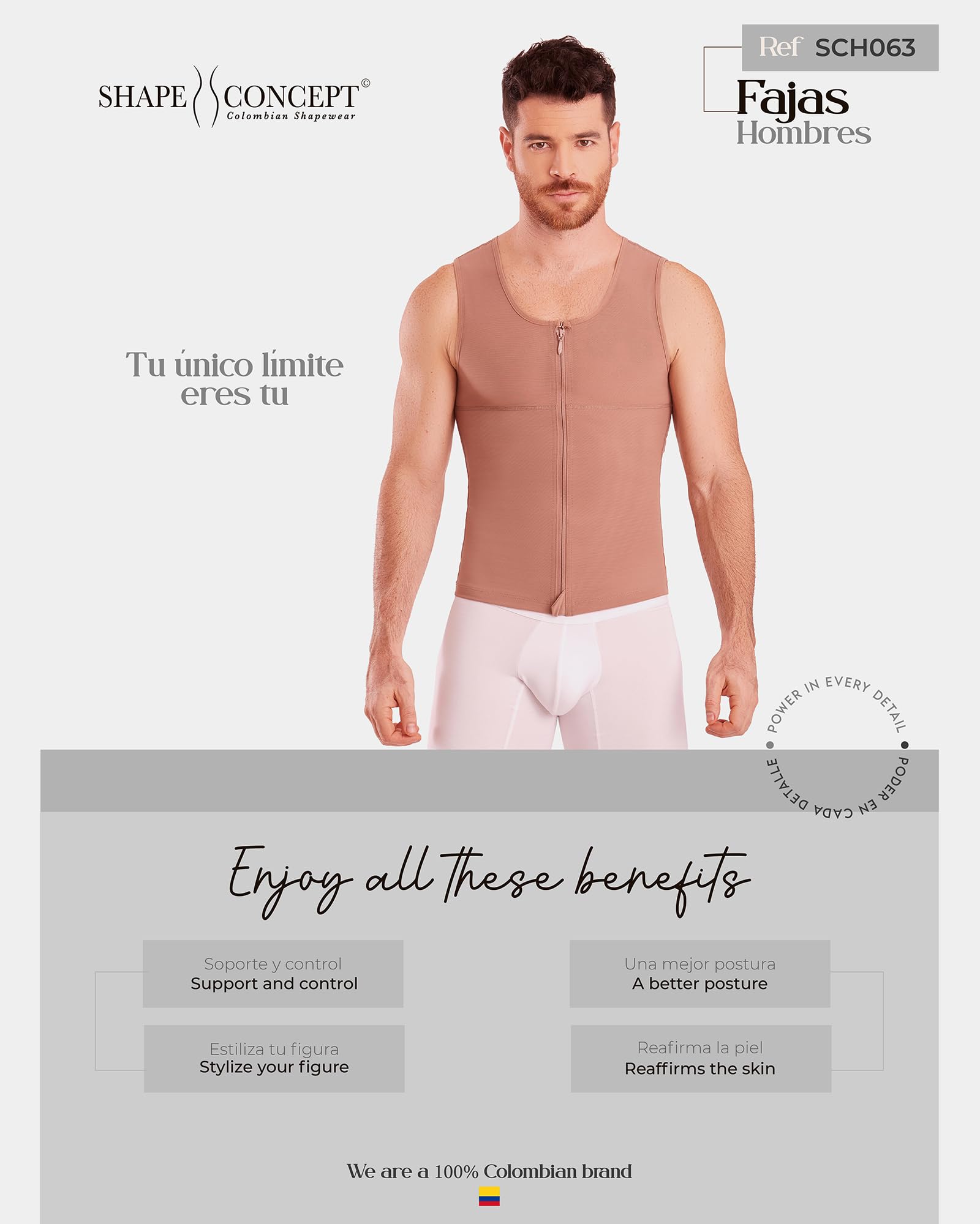 SHAPE CONCEPT 062 063 Colombian Shapewear for Men - High Compression Girdle & Body Shaper Garment - Slimming Waist Trainer for Workout, Post-Surgery & Everyday Wear