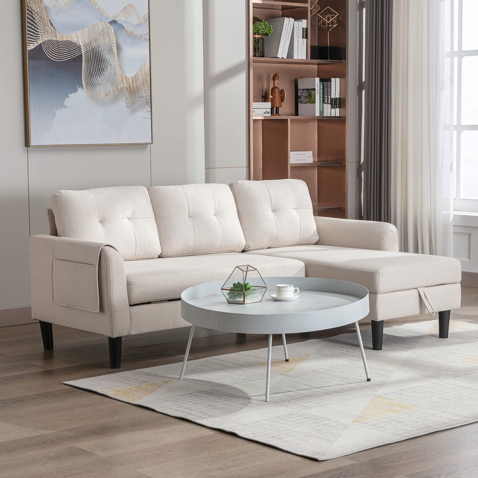CALABASH L-Shaped Velvet Sleeper Sectional Sofa Bed with Pull-Out Bed & Storage - 3-Seater Convertible Couch with Reversible Chaise - Modern Living Room Furniture Set (Beige) | Perfect for Small Apartments, Guest Rooms & Multi-Functional Spaces