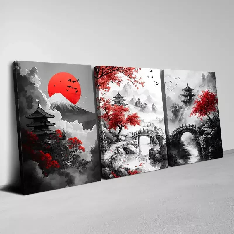 3-Piece Monochrome Mountain, River & Pagoda Art Set - Framed Canvas Wall Decor 50x70cm | High-Quality Print, 100% Australian Made | Ready to Hang | Perfect for Living Room, Bedroom & Office Decor