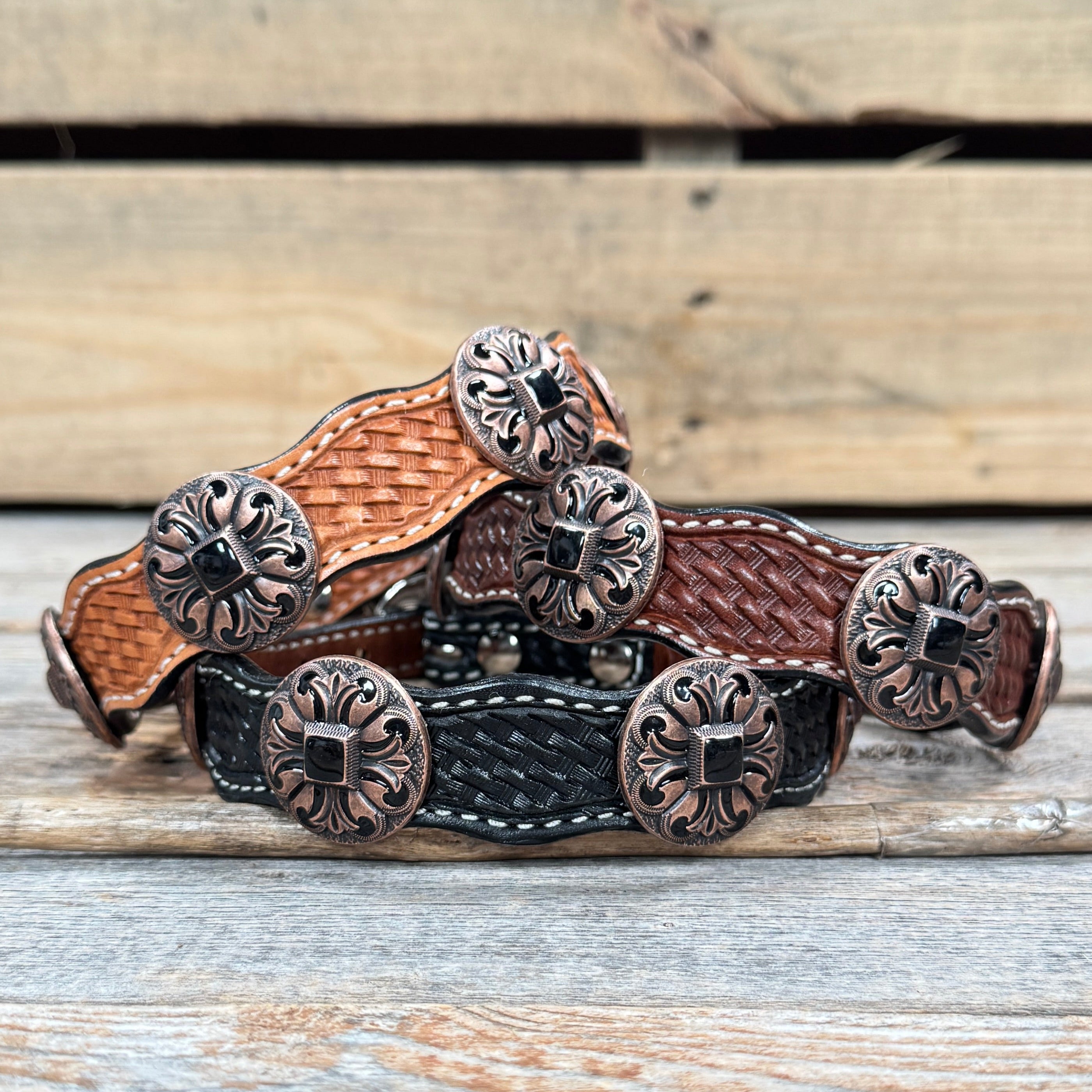 Premium Genuine Leather Dog Collar with Black Fleur De Lis Conchos - Adjustable Size 12