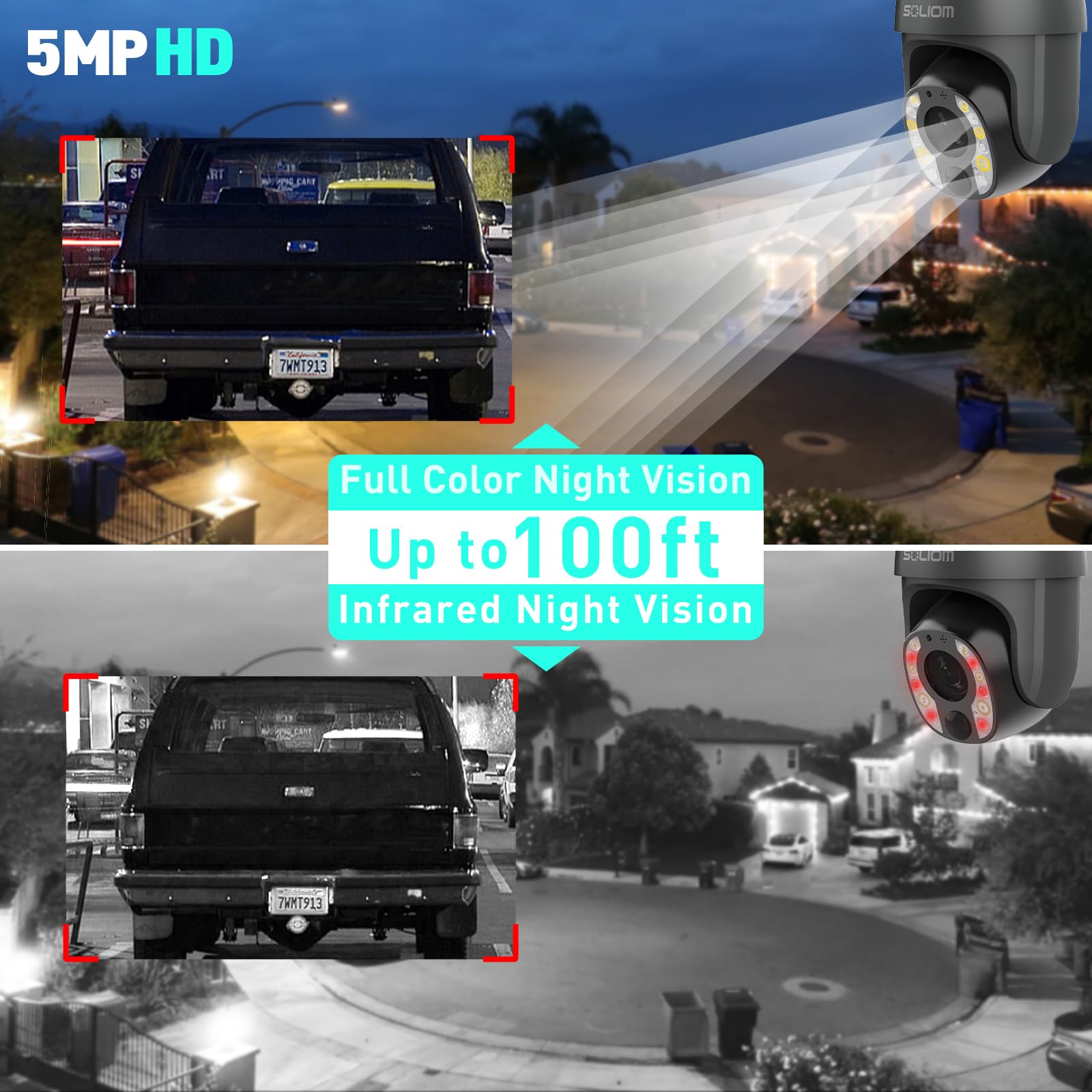 SOLIOM 5MP Wireless Outdoor Security Camera with 10X Optical Zoom, Solar & Battery Powered, Human Detection, Auto Tracking, Spotlight Color Night Vision - Ideal for Home Security, Backyard Monitoring, and Business Surveillance (2.4G Wi-Fi)