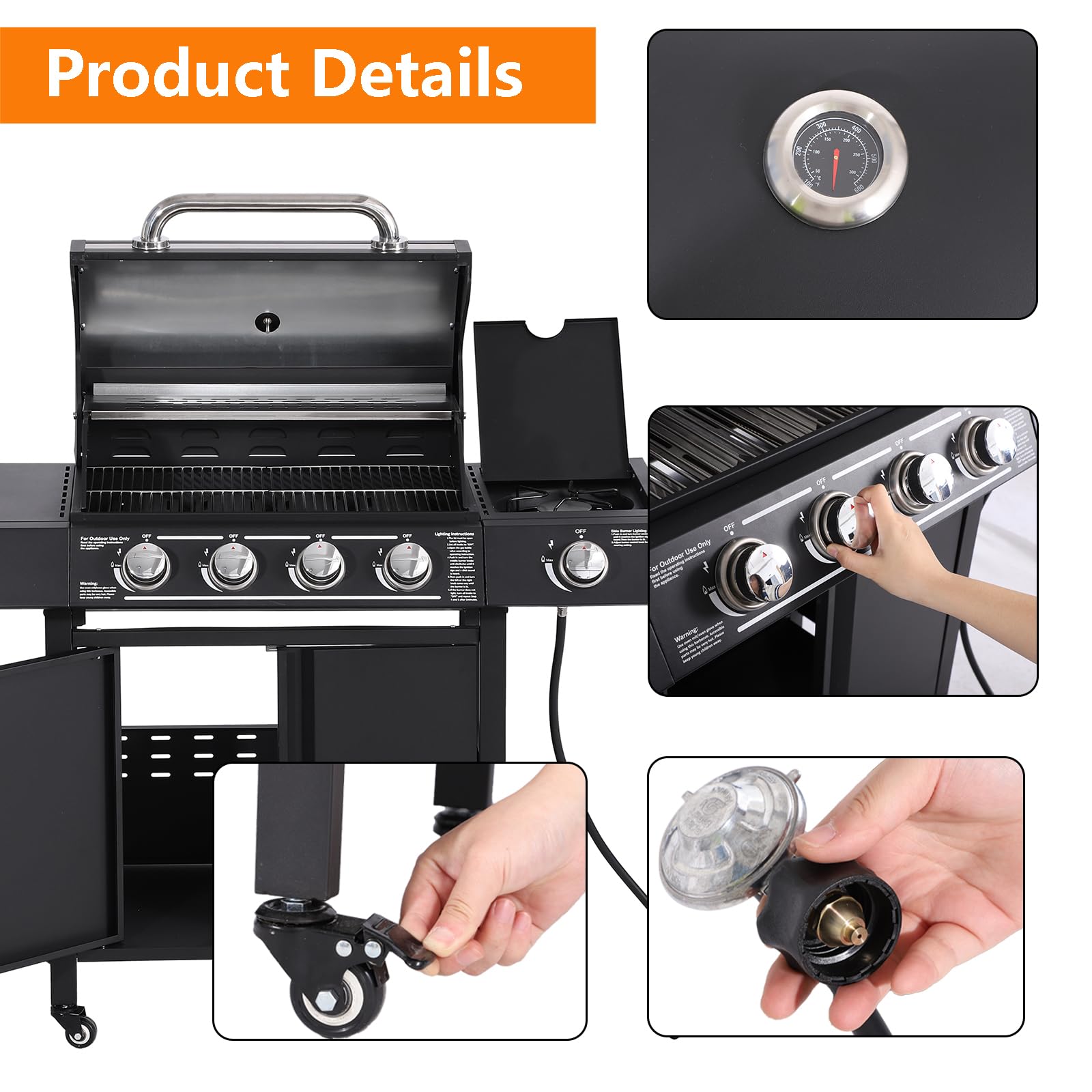 4-Burner Propane Gas BBQ Grill - High-Strength Cast Iron with Side Burner, 50,000 BTU Portable Outdoor Grill with 4 Wheels & 449 SQ.IN Cooking Area - Perfect for Backyard Barbecues, Camping Trips, Tailgating Parties and Family Gatherings