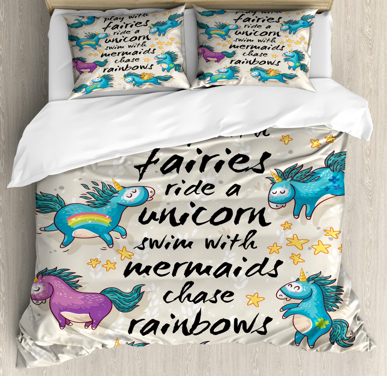 Ambesonne Cartoon Duvet Cover Set - Mythical Unicorns Stars Rainbow Print King Size 2-Pack (Beige & Teal) | Soft Bedding Set with 2 Duvet Covers & 4 Pillowcases | Perfect for Kids Room, Teen Bedroom & Fantasy Themed Decor
